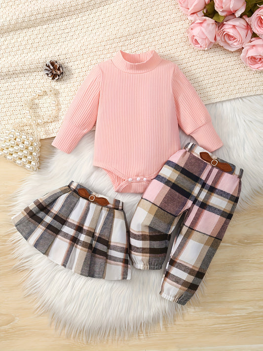 3 Piece Baby Girl Long Sleeve High Neck Shirt Velvet Seal Embroidered Plaid Skirt And Pants Set For Autumn And Winter