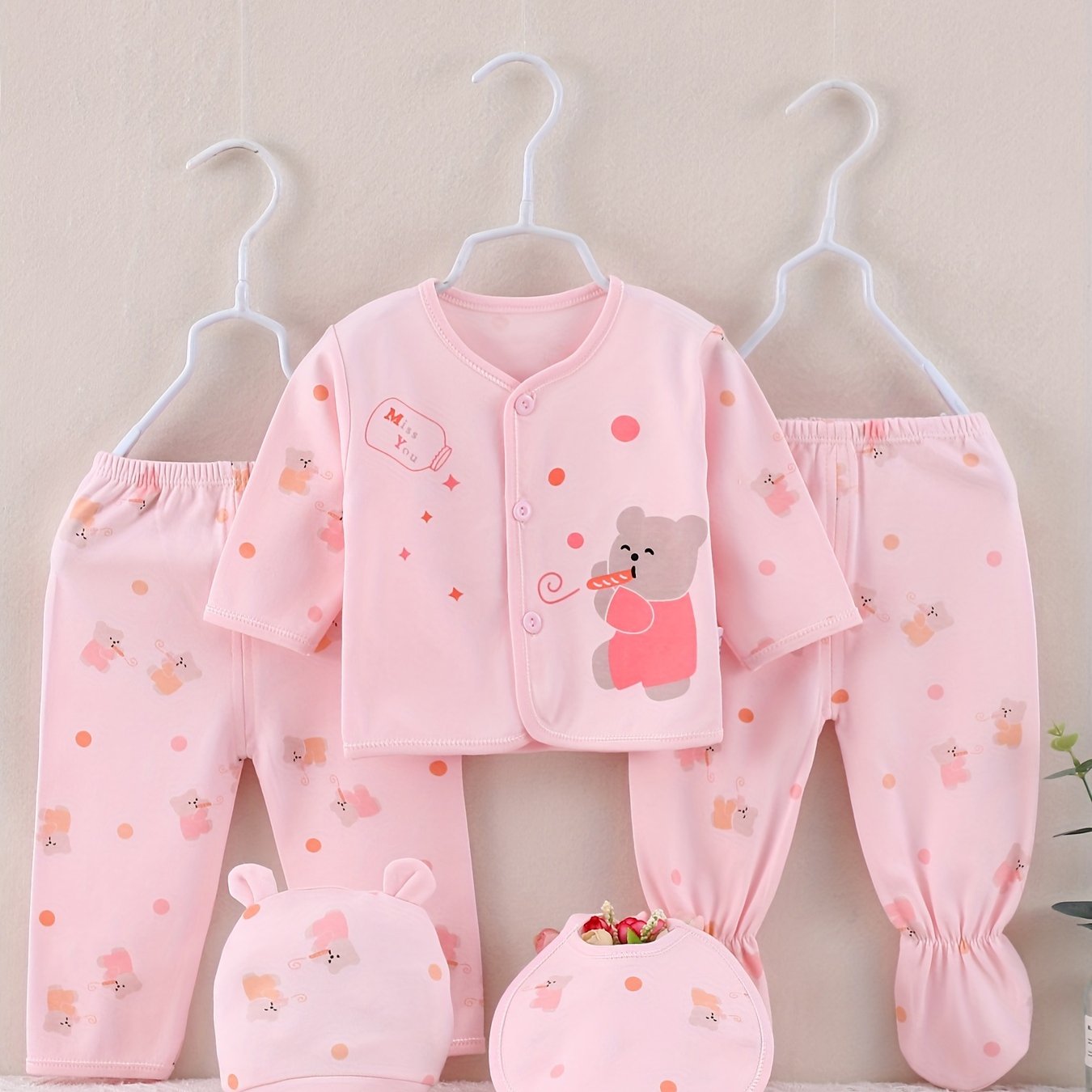 5pcs Newborn Set, Baby Autumn Pure Cotton Clothes, Cute Elephant Print, 0.0-9.84ft, with Clothes, Underwear, Hat, and Bandana Set, for Gift Giving, for Outdoor, Perfect for Outdoor