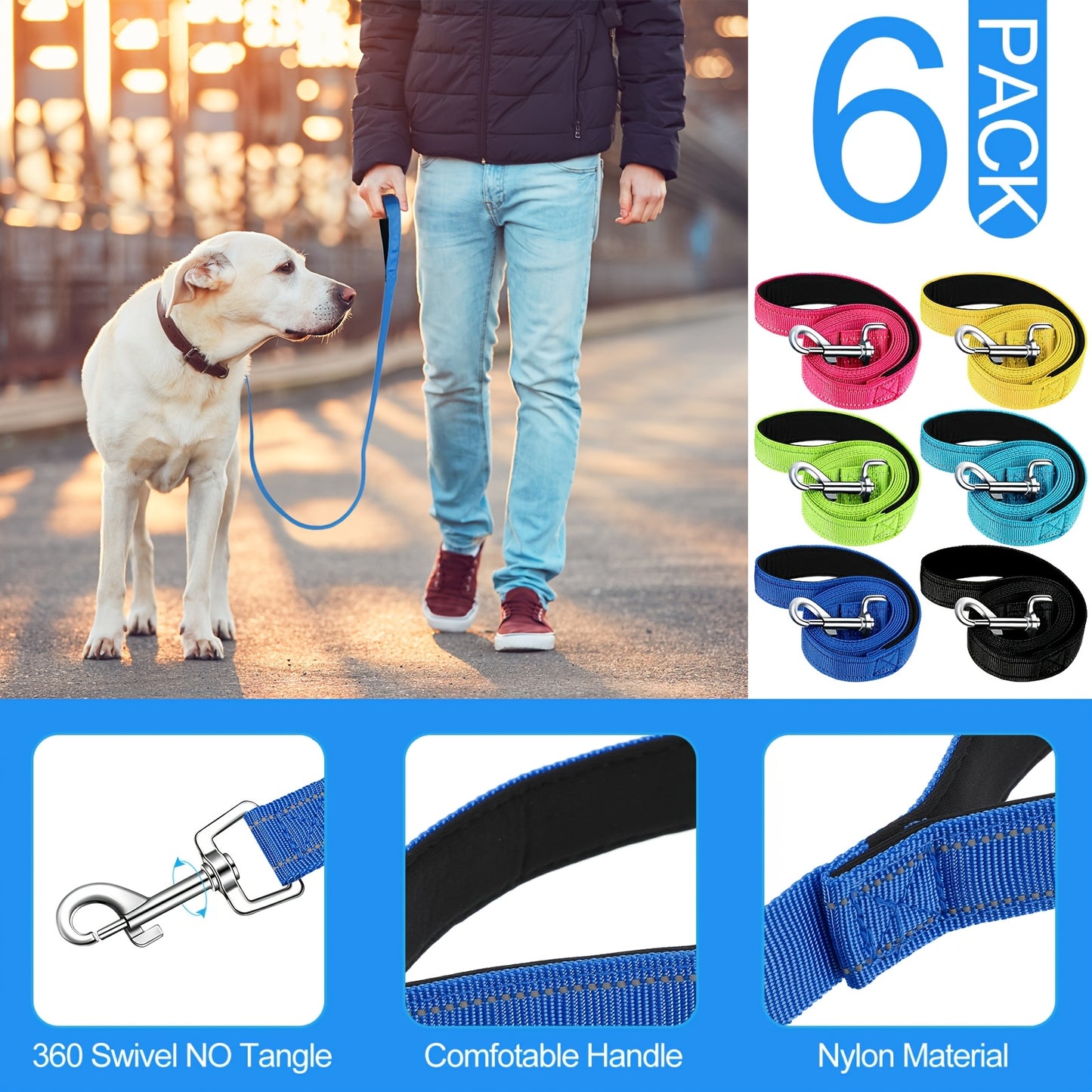 6 Pack Nylon Dog Leash Bulk 5 ft Dog Training Leashes for Medium and Large Dogs Heavy Duty Padded Handle Dog Leash Puppy Traction Rope for Walking Play Camping