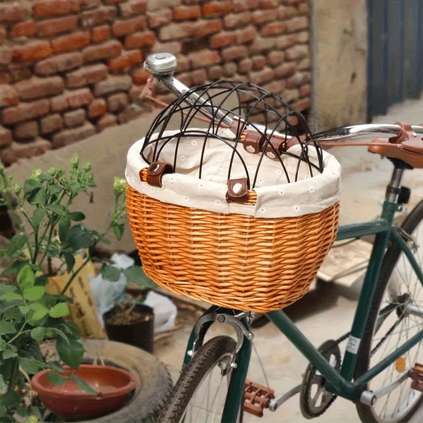 Wrought Iron And Wicker Pet Bike Basket With Lid Front