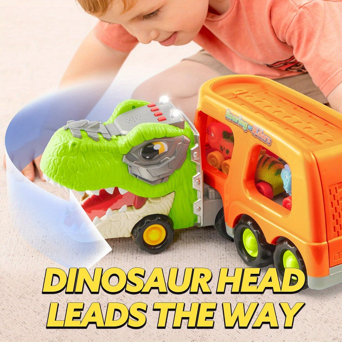 Dinosaur Truck Toy Car Carrier Set With Six Rubber Cars Music Lights Gift for Kids
