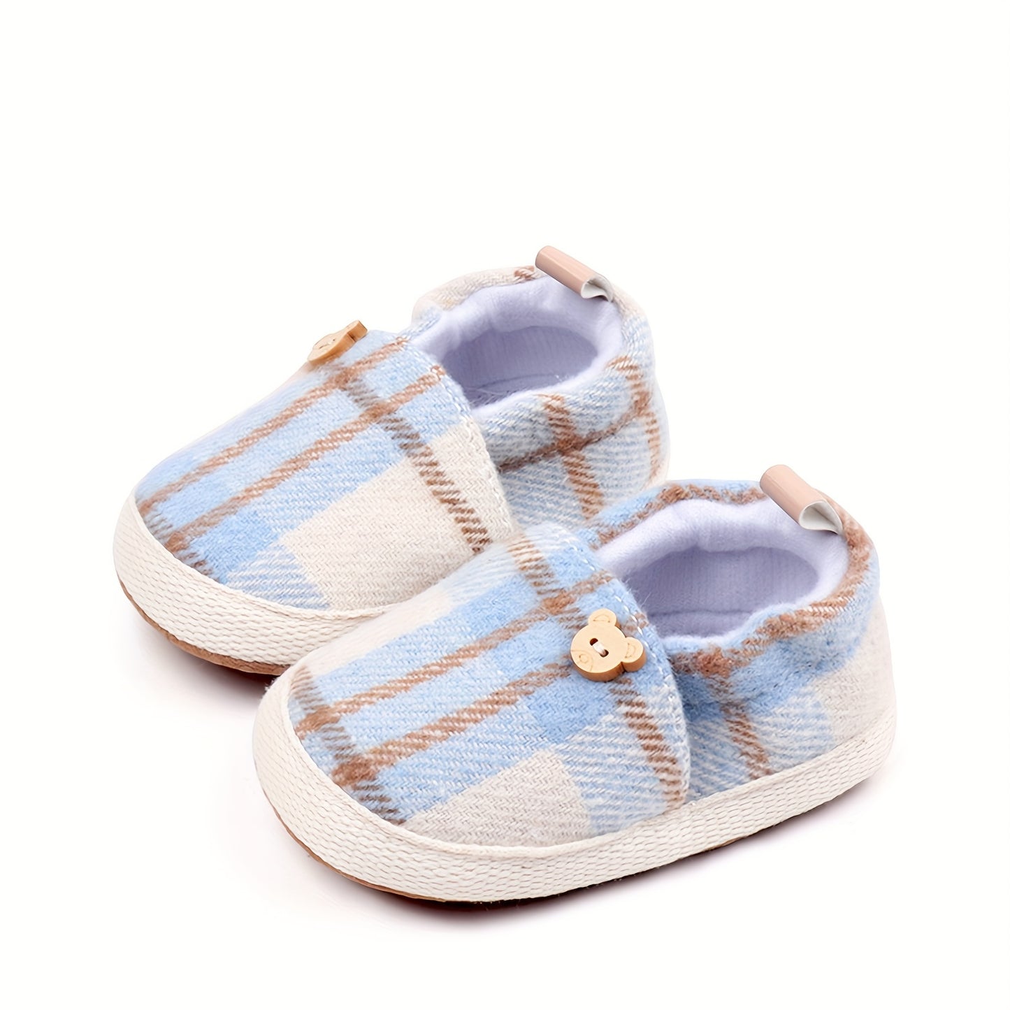 Baby First Walking Shoes - Soft Fabric Slip-On Sneakers with Striped & Plaid Patterns, Easy Snap Closure, Lightweight Crib Shoes for Infant Boys & Girls, All-Season Casual Shoes with Bear Button & Cushioned Insole, Baby Shoes