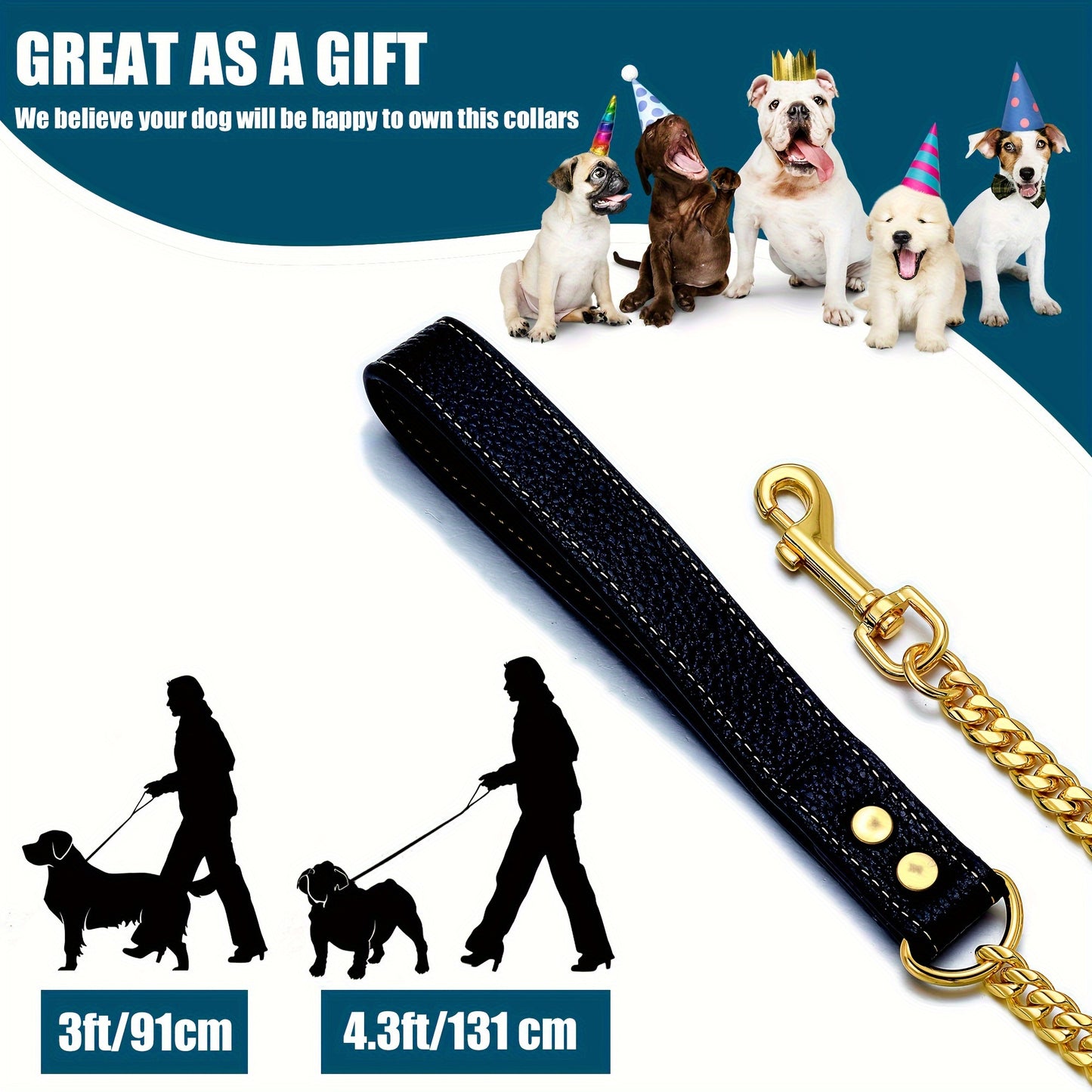 LuxLife 10mm Stainless Steel Dog Leash – Chew-Proof and Waterproof with Leather Handle