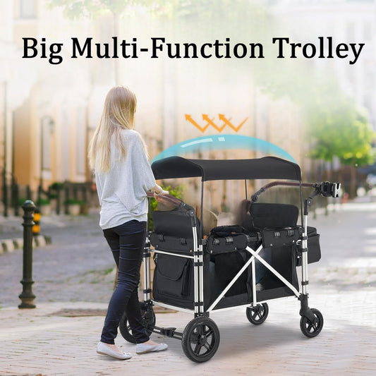 Big Multi-Function Trolley, Wagon Cart Featuring 4 High Seat with 5-Point Harnesses and Adjustable Canopy, Foldable Double Push Bar Wagon Stroller for Outdoor Garden, Stroller, Camping (Black-G)