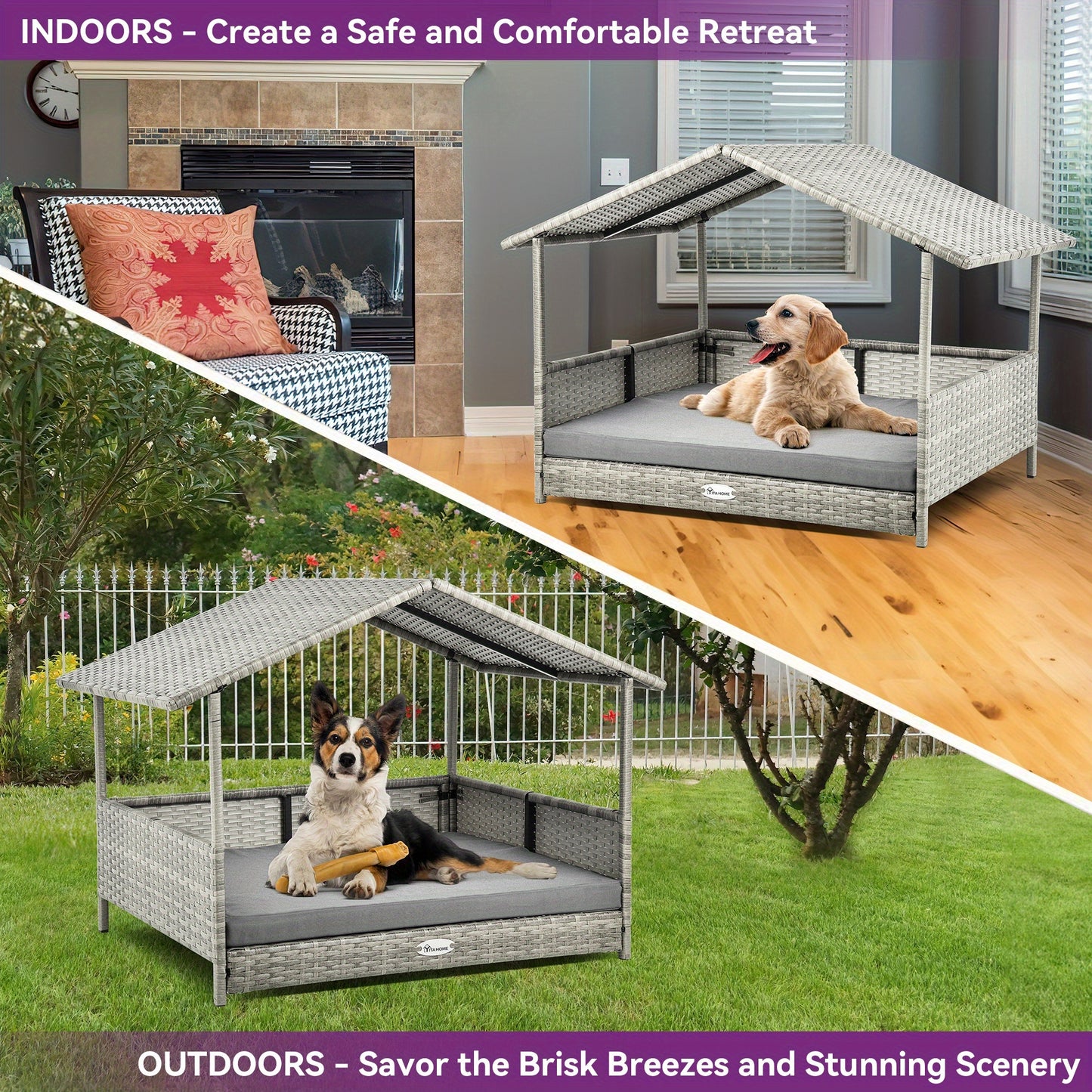 Large Wicker Dog House with Cushion Elevated Rattan Canopy for Indoor and Outdoor Use