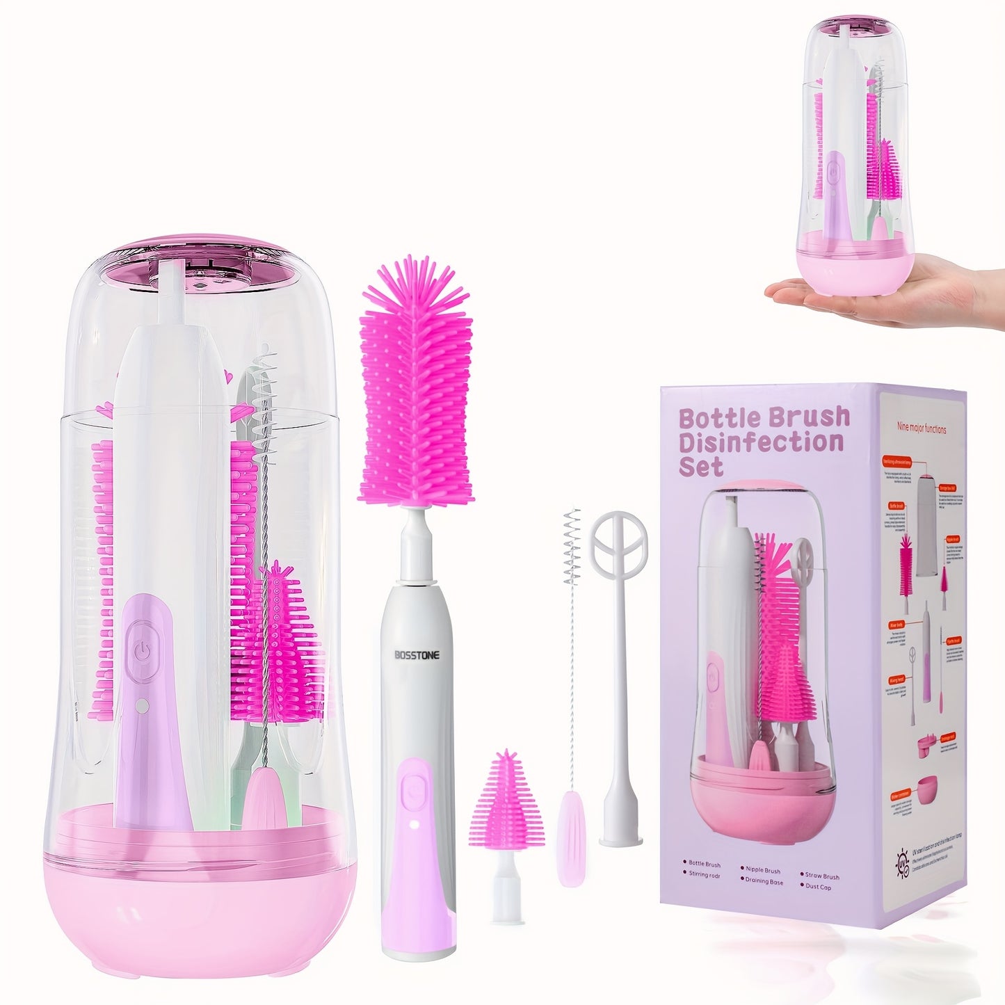 Portable Electric Baby Bottle Brush Set with Silicone Brushes and Travel Storage Box