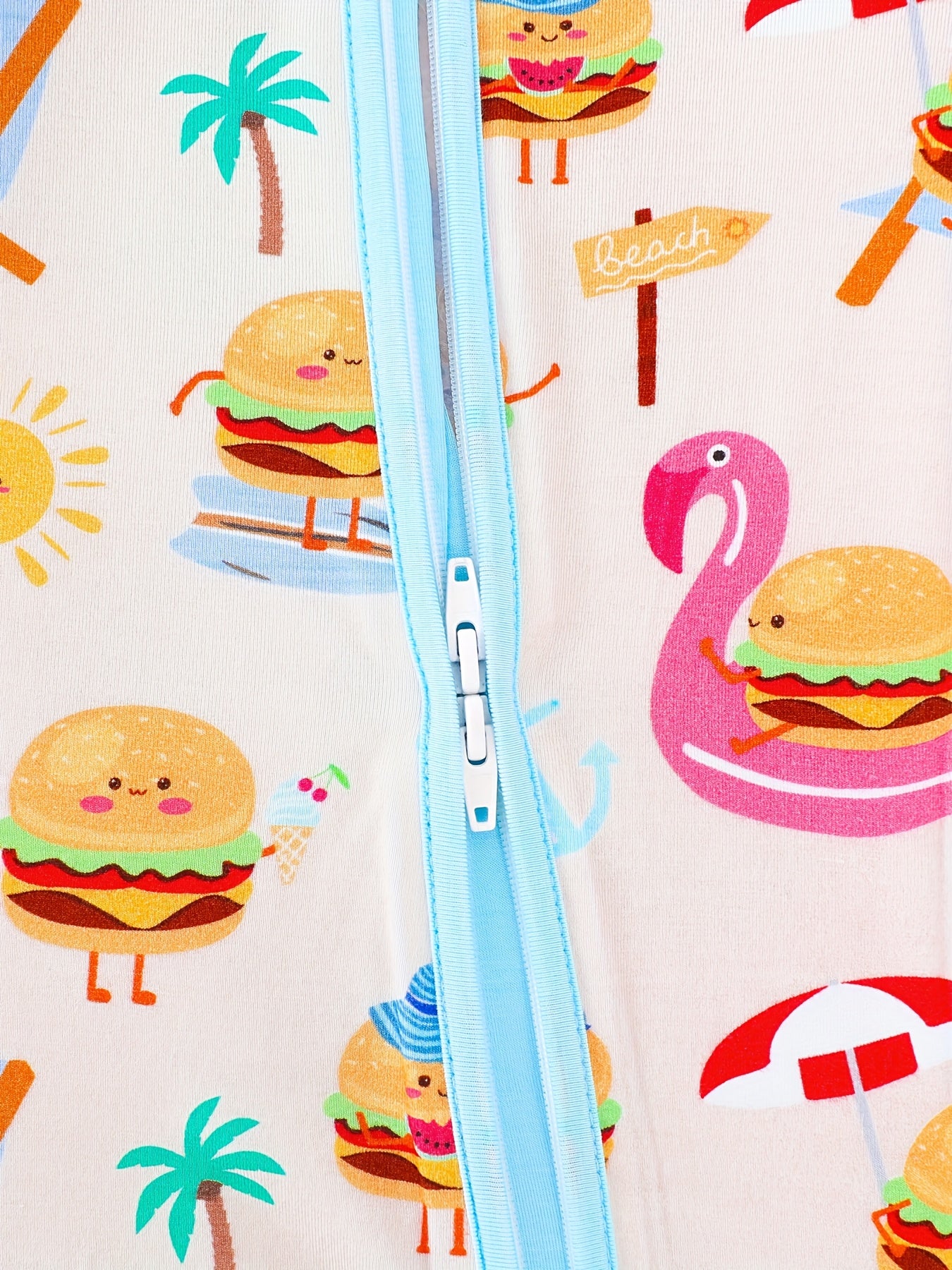 JUNBLEBABY Bamboo Fiber Long Sleeve Zipper Onesie - Soft & Comfortable - Summer Burger & Beach Print - Ideal for Outdoor Wear, Machine Washable