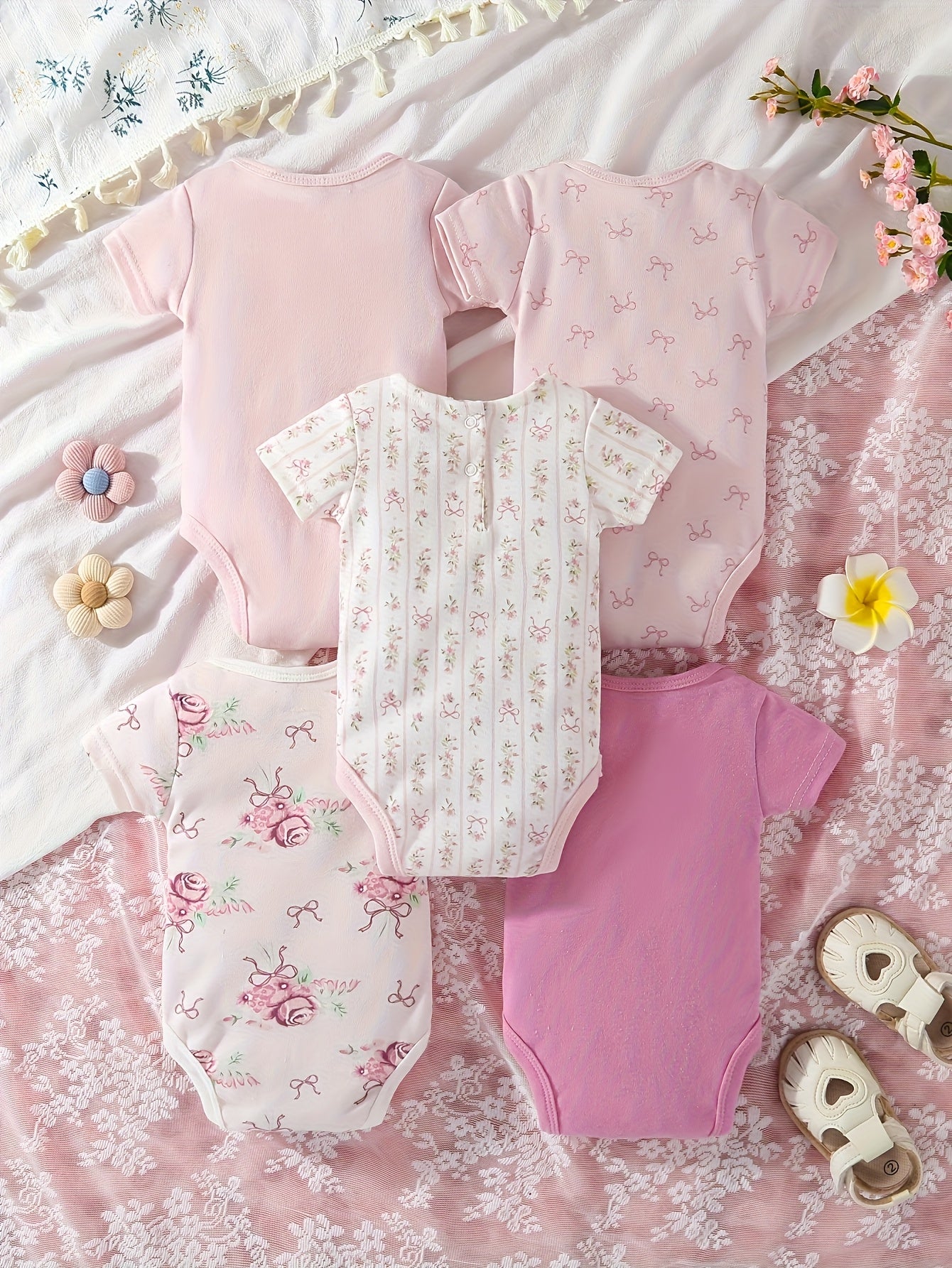 5pcs Set Of Baby Girl Short Sleeved Triangle Jumpsuit With Pink Flowers, Cute Baby Girl Outfit, Crawling Suit, for Outdoor