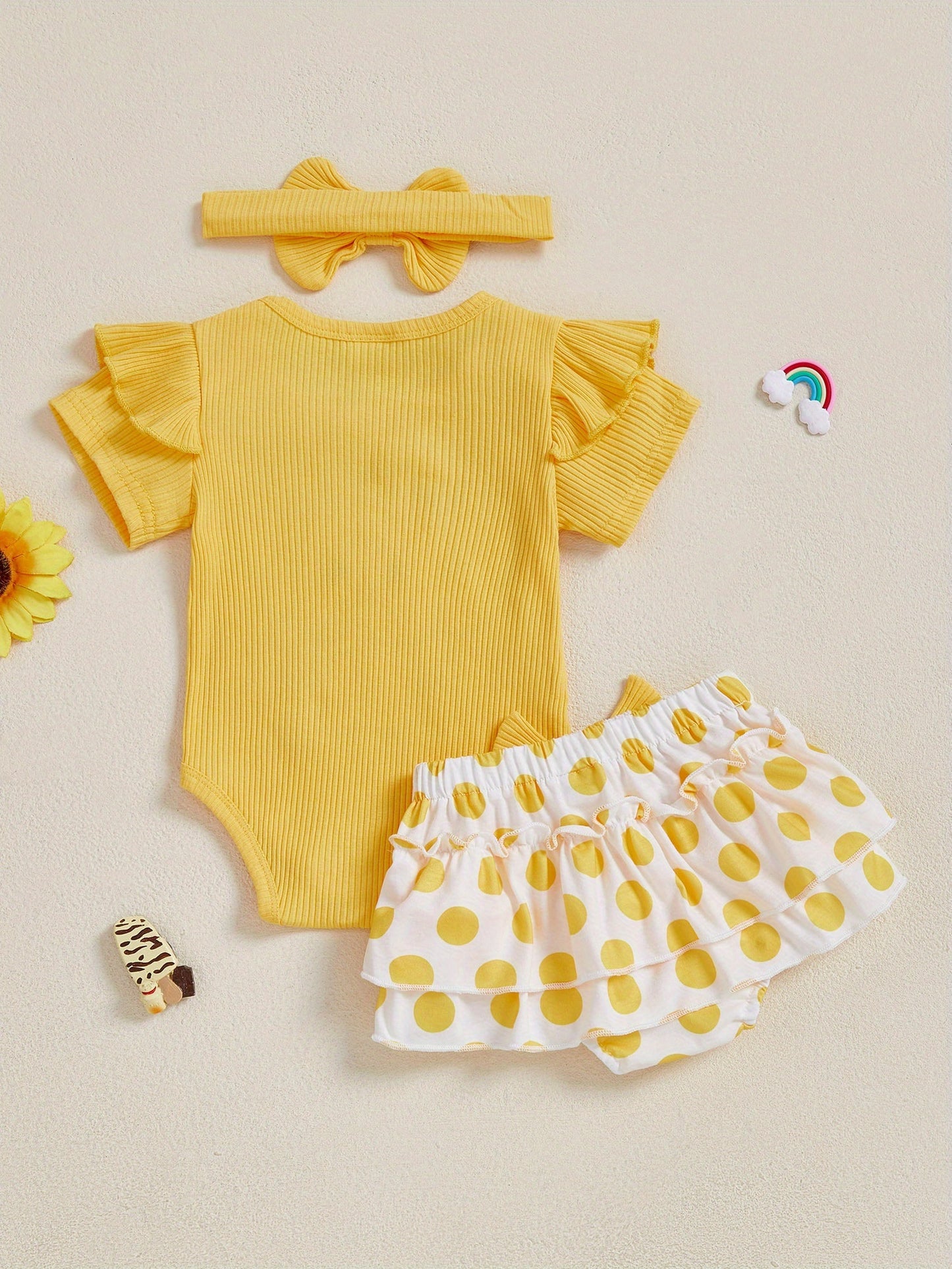 Baby Girls Summer Outfit Set Elephant Print Romper With Ruffle Shorts And Headband 3pc