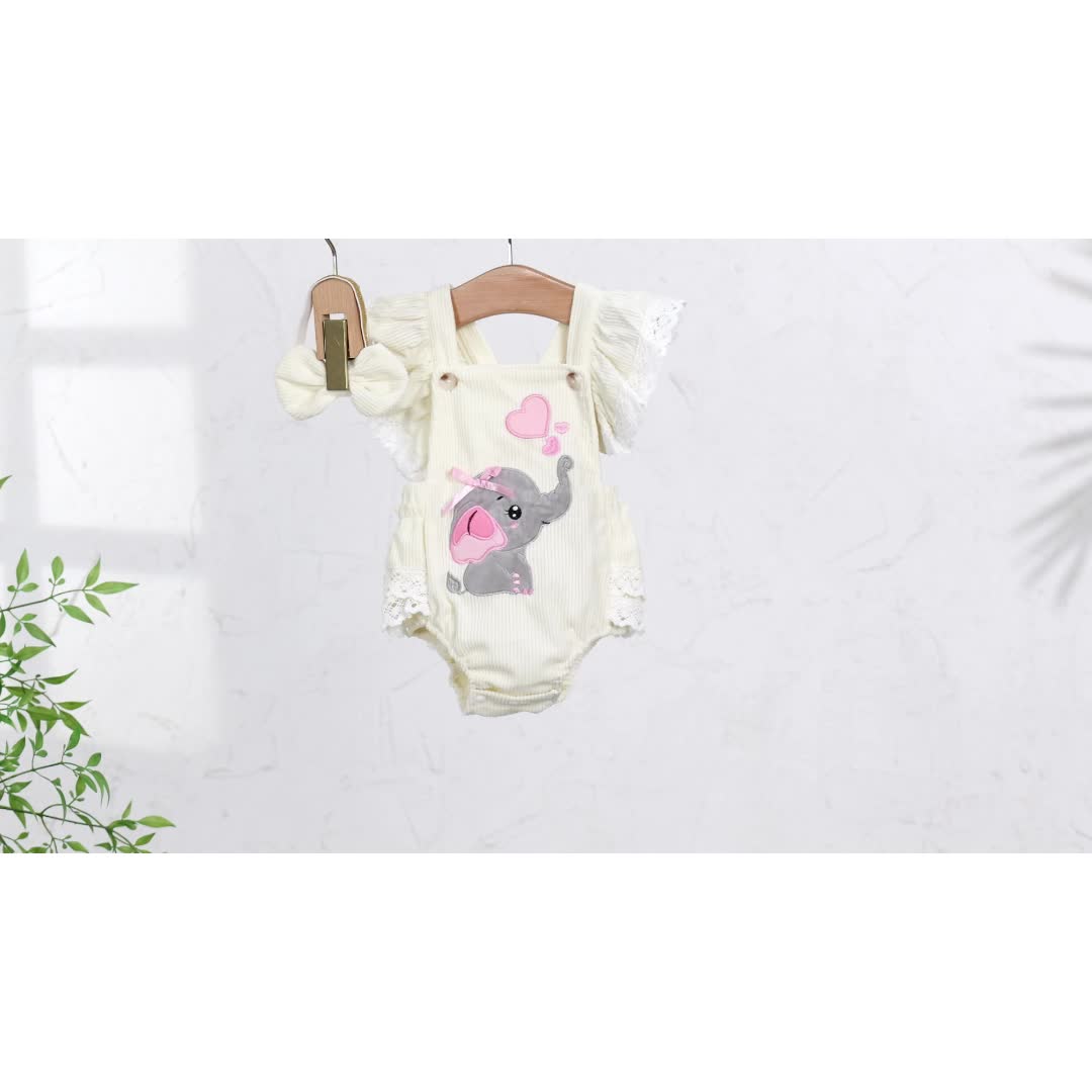 0.0-59.06ft Cute Girl Set, 2pcs Embroidered Elephant Love jumpsuit+Butterfly Bow Hairband Summer Clothing, for Outdoor