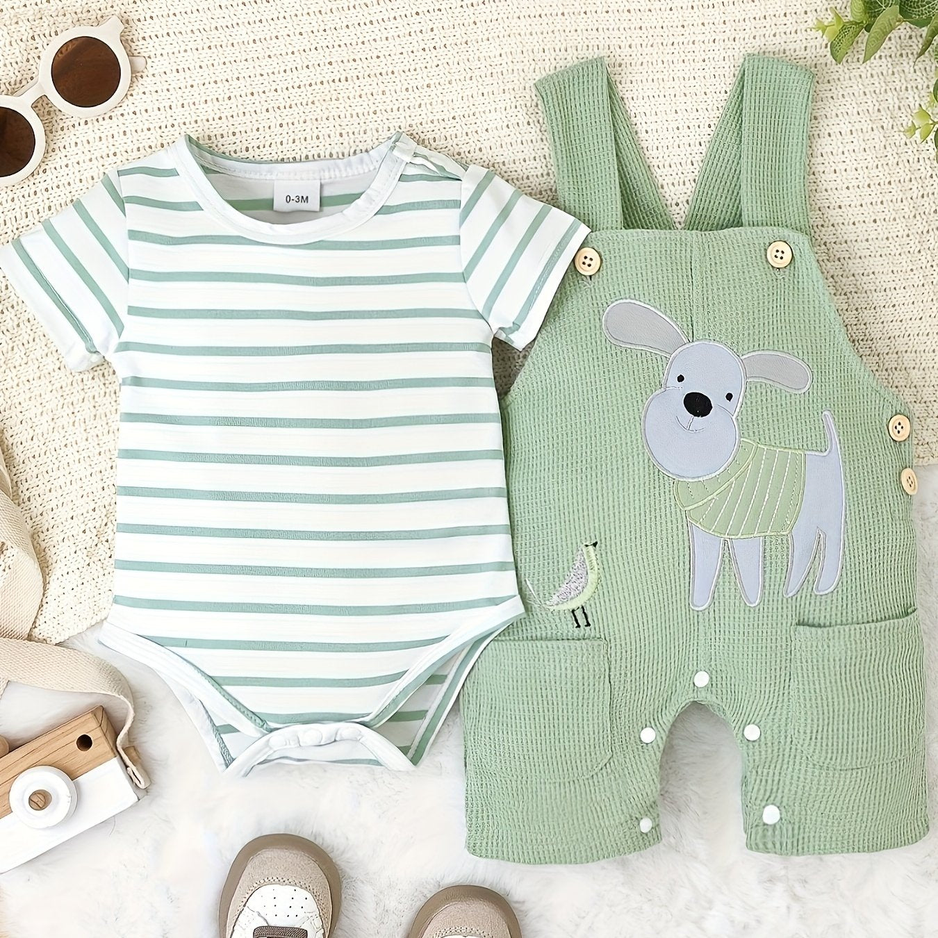 Baby Boy Summer Outfit Striped Romper with Cute Cartoon Dog Overall Pants Set 0-18 Months
