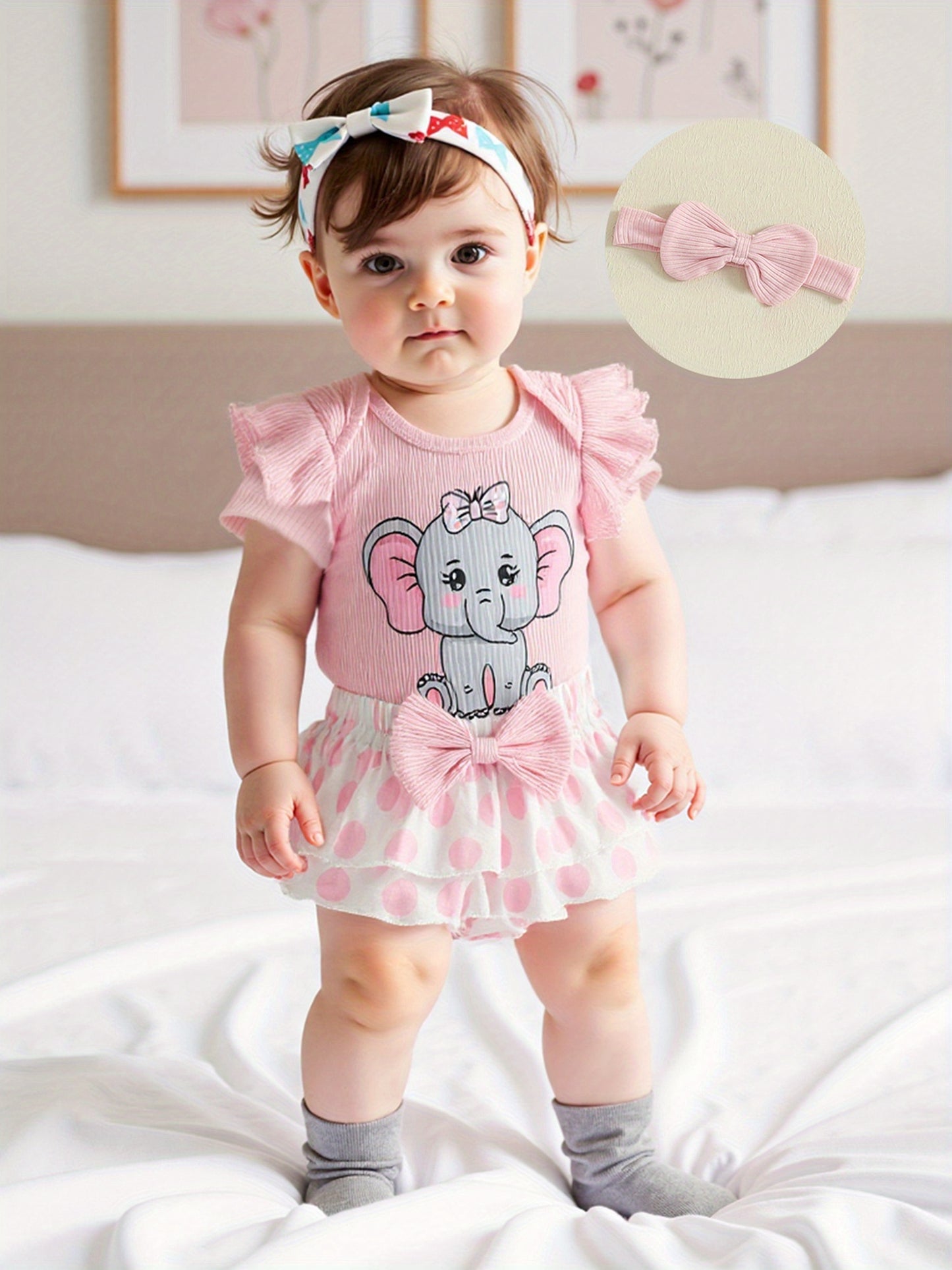 Baby Girls Summer Outfit Set Elephant Print Romper With Ruffle Shorts And Headband 3pc