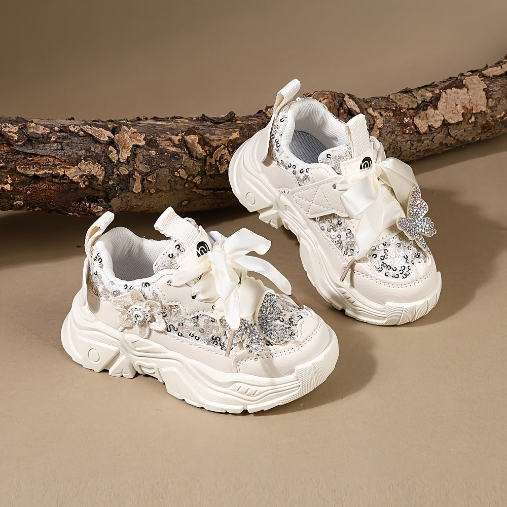 Sparkly Rhinestone Butterfly Bow Girls Sneakers Lightweight Cute Casual Shoes for Play