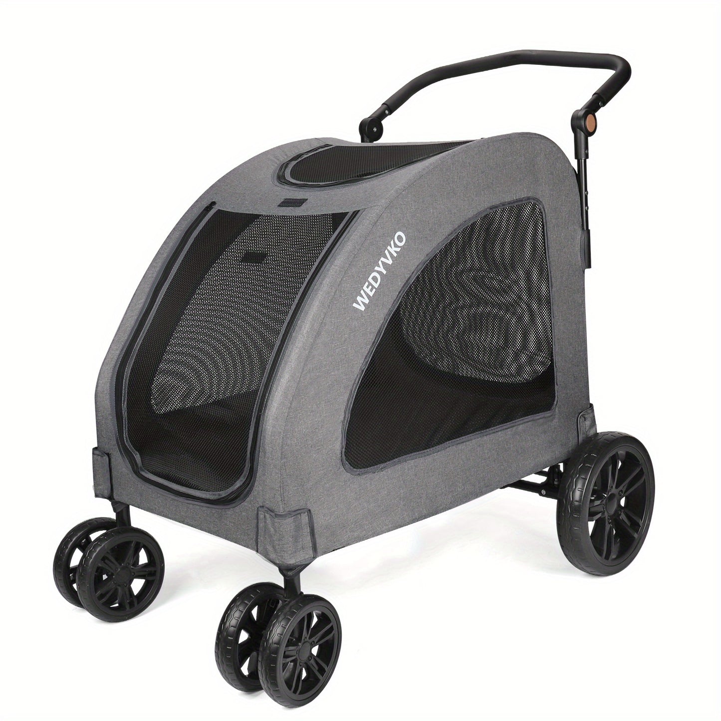 Spacious Pet StrollerRoomy For Pets Up To 120lbs (54kg). 3-sided Mesh For Airflow & Security. 360° Silent Wheels & 3-angle Adjustable Handle For Easy Maneuvering. One-step Fold For Compact Storage.