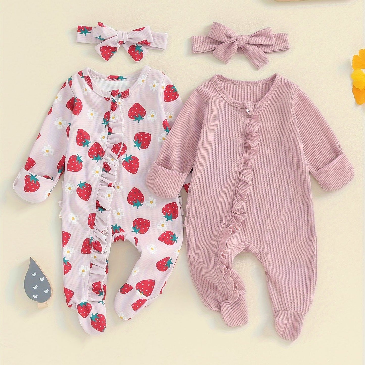 Baby Girls Long Sleeve Frills Jumpsuit Headband Footies