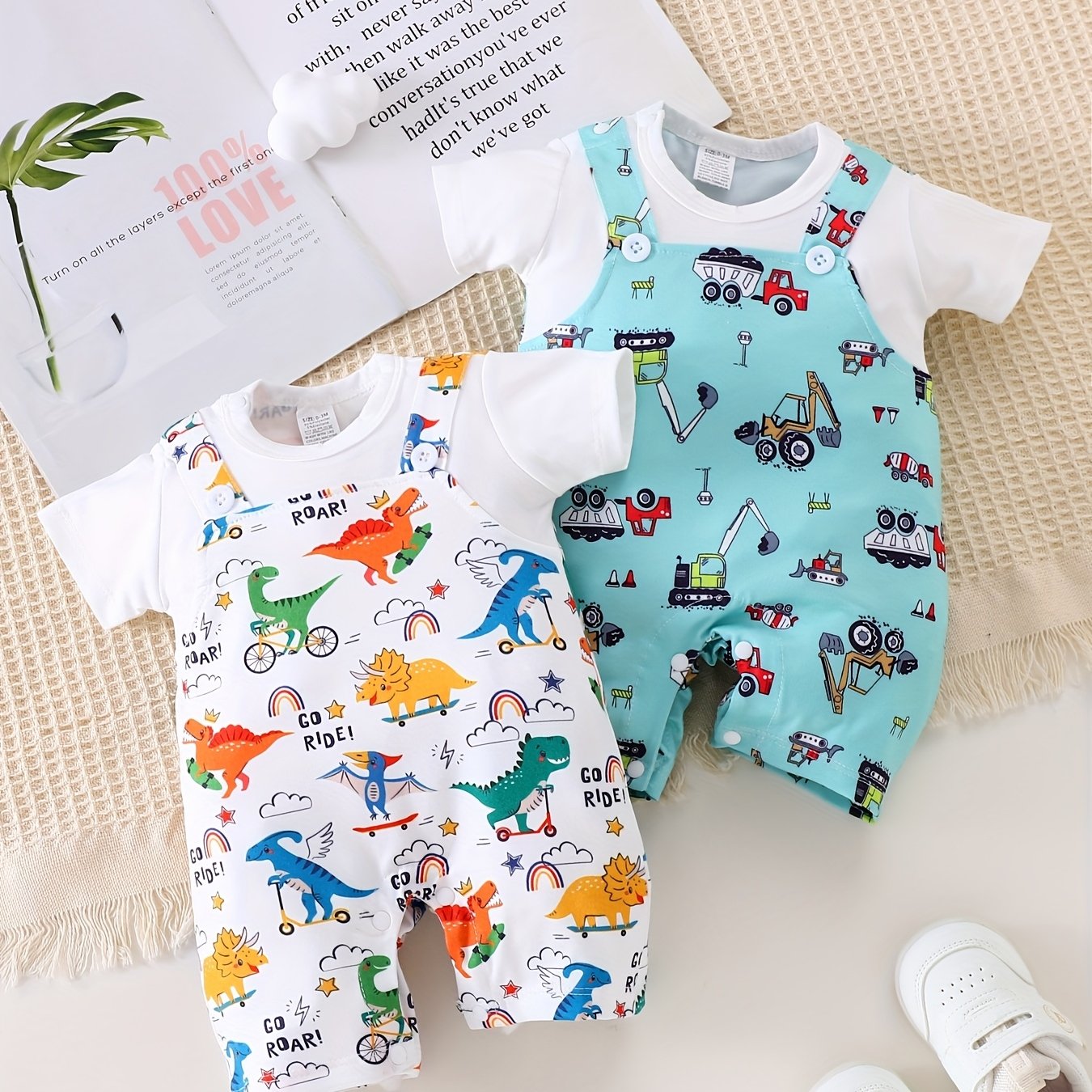 2pcs 2025 Boys' Summer Fashion Casual Short Sleeve Romper with Back Strap Pants and Faux Two-Piece Jumpsuit Dinosaur Excavator Pattern Bodysuits for Ages 0.0-29.53ft, Perfect for Outdoor