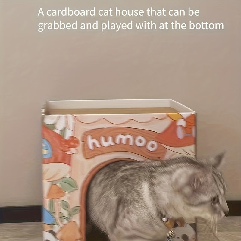 Double Layer Foldable Cat House 2 in 1 Corrugated Scratcher Bed with Castle Design