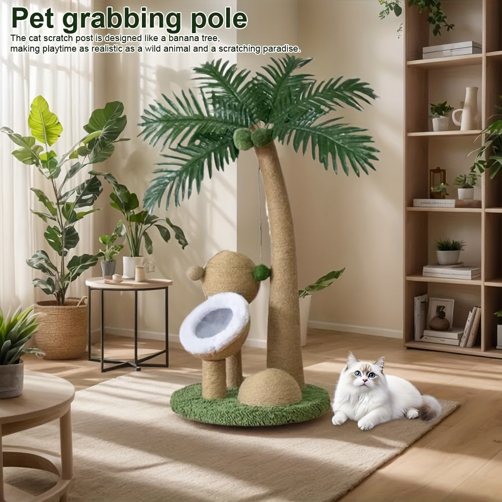 33 Inch Large Cat Scratching Post with Curved Palm Tree Design and Interactive Toys