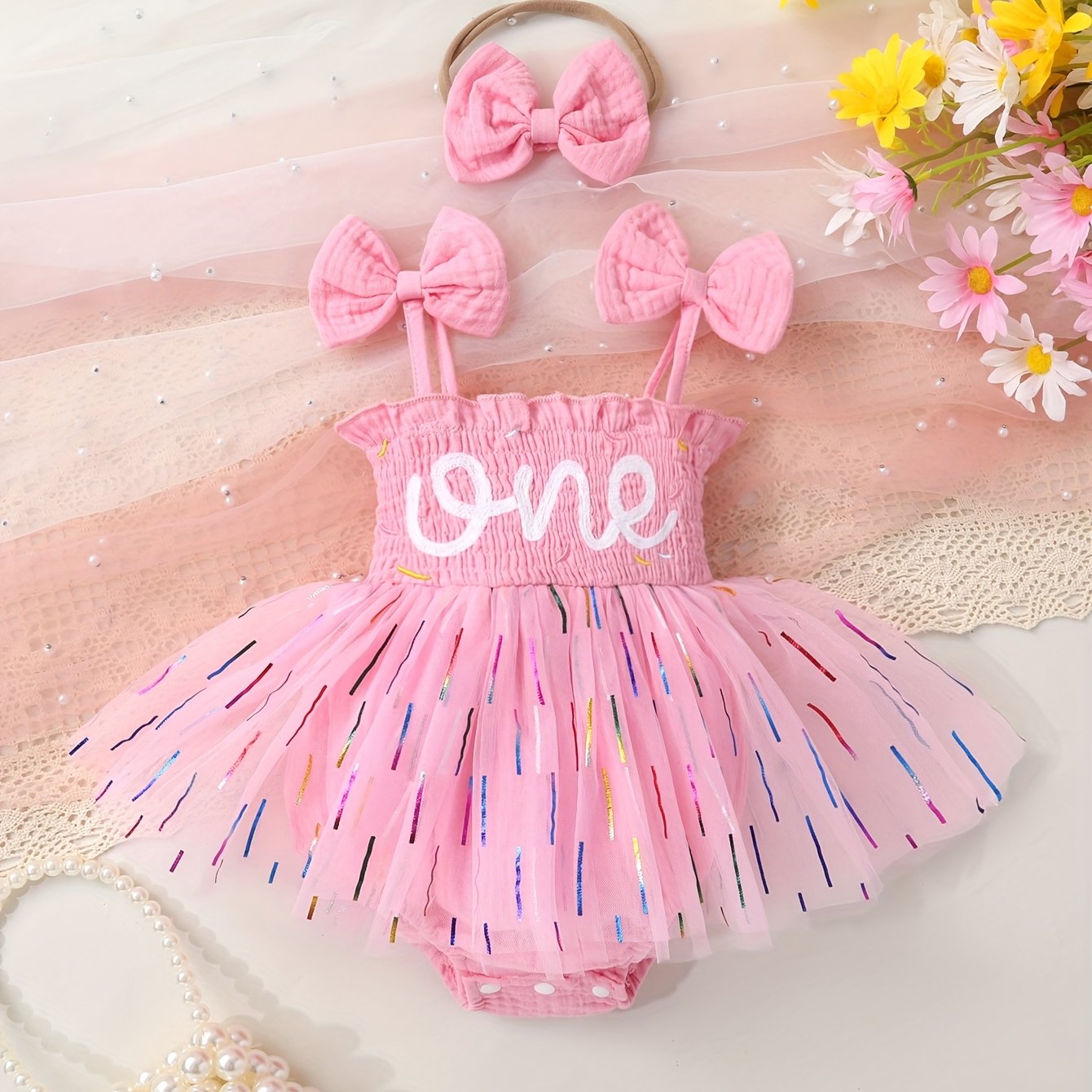 2pcs Soft and Comfortable Fashionable Cute Girls' Letter Print Parallel Ruffle Bow Tie Halter Neck Gradient Color Stripes Mesh Dress Bodysuit and Hairband Set