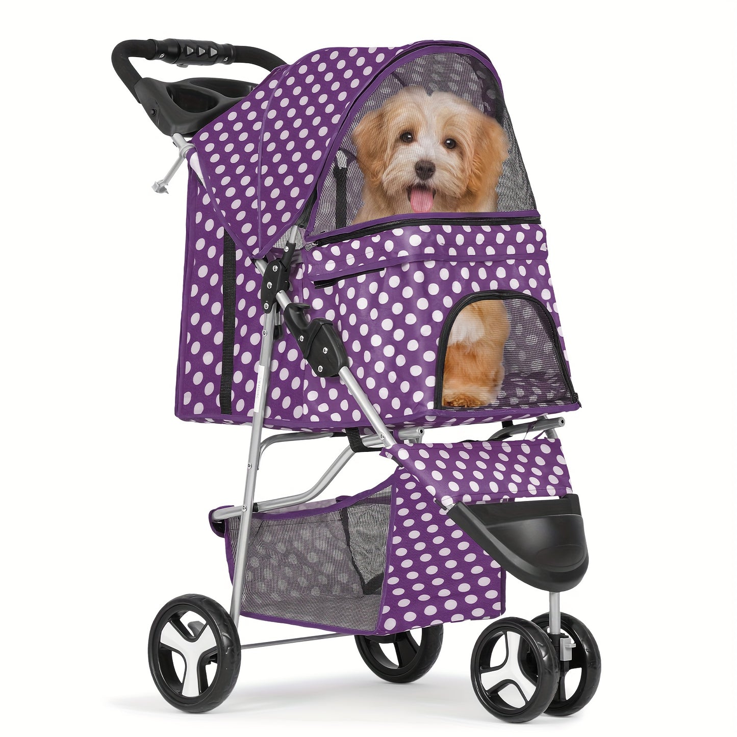 3 Wheels Pet Dog Cat Stroller for Small Medium Dogs Cats - Foldable Jogger Stroller w/Storage Basket and Cup Holder - For Pet Owners - Suitable for Outdoor Walks & Travel - Great Gift for Dog & Cat Lovers
