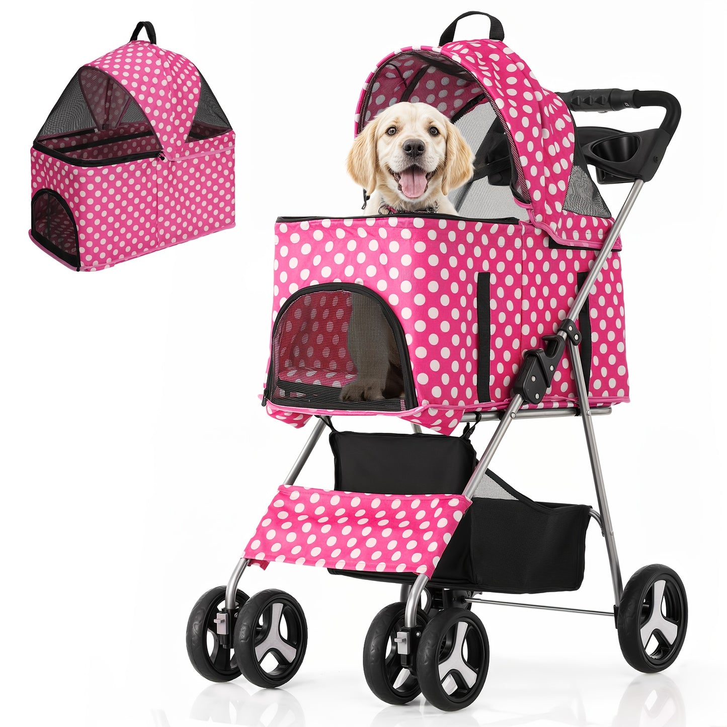 MoNiBloom 3-in-1 Foldable Pet Stroller Detachable Carrier, Car Seat and Stroller with Push Button Entry for Small Pets, Dog Stroller for Medium Dogs Load Up to 33 lbs