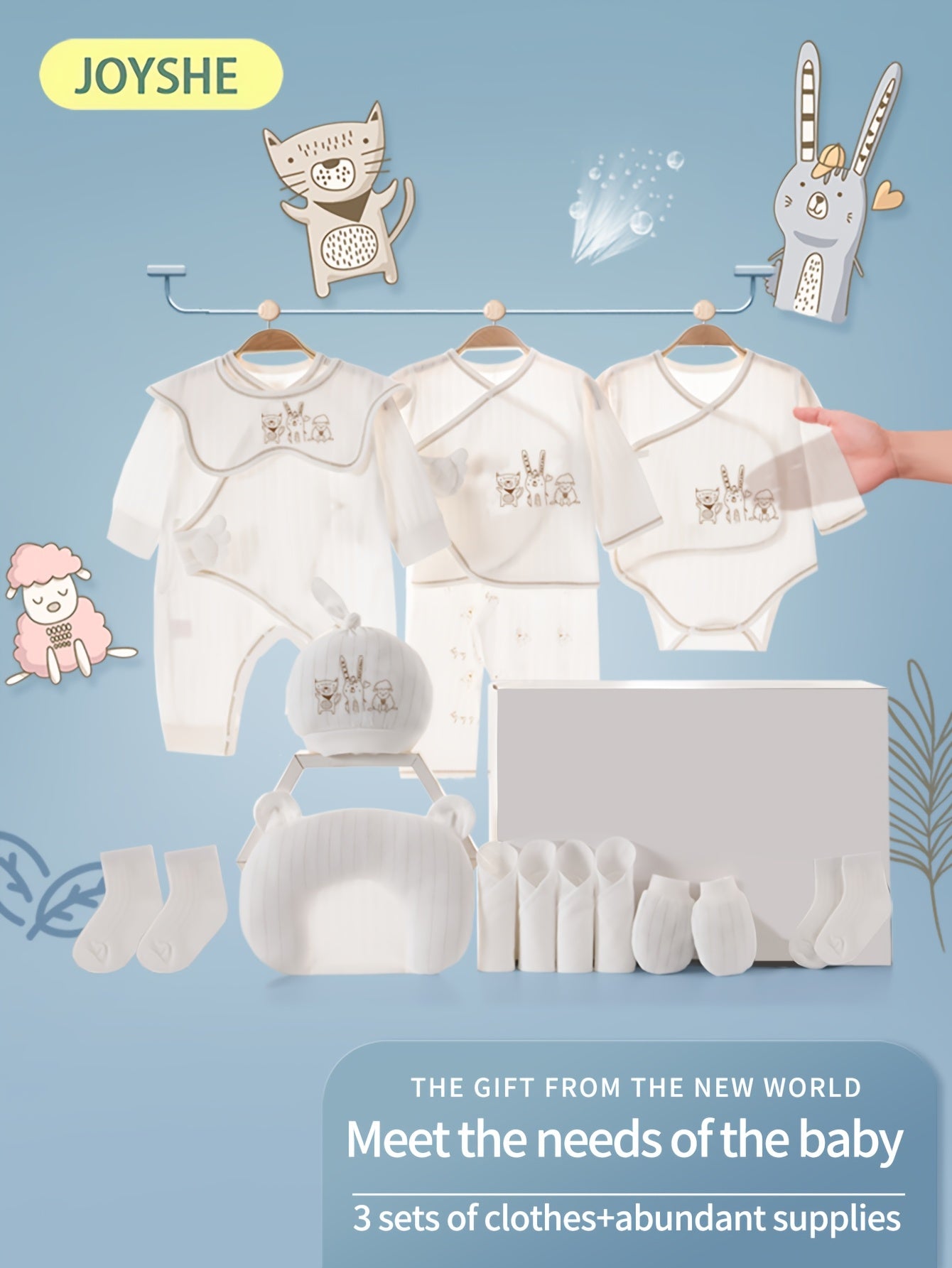 Baby Angel White Bodysuit Set, Four-Season Pure Cotton + Full Newborn Essentials, Includes 5 Outfits, Hat, Swaddle Blanket, Pillow, Gloves, Washcloths, And Socks - Perfect Newborn Gift, for Outdoor