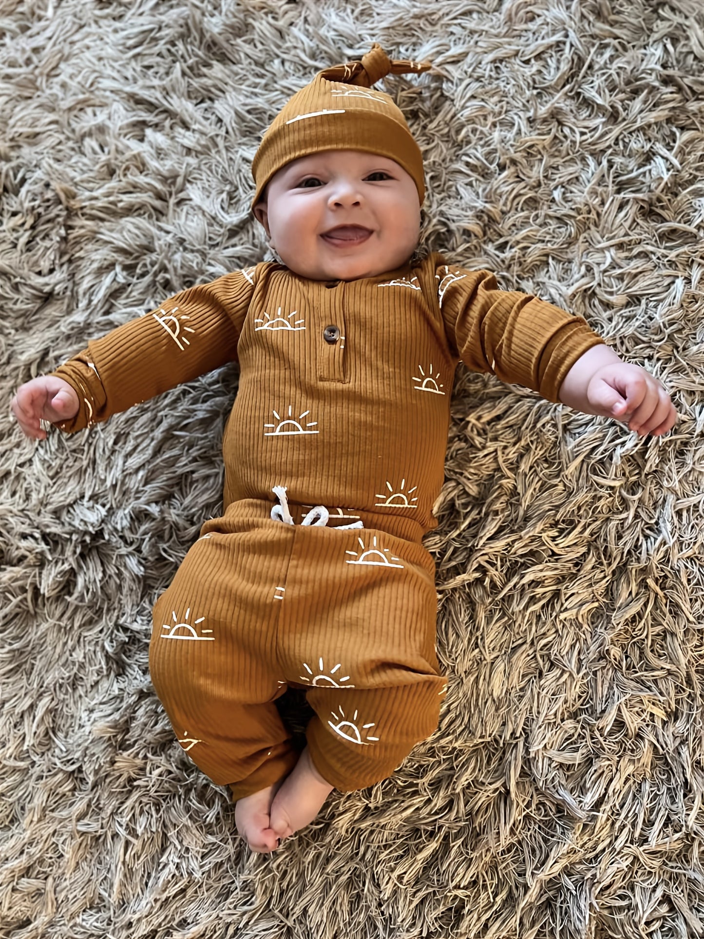 KuKitty Baby Boys Clothes Newborn Ribbed Long Sleeve Romper With Sun Pattern Pants Hat Outfits Set