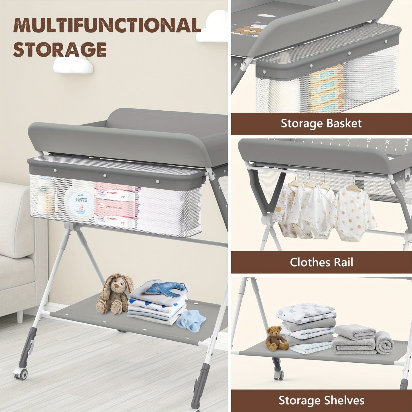 SEJOY Baby Changing Table with Wheels - Adjustable Height Folding Diaper Station, Portable Nursery Organizer & Storage Rack with Wicker Basket, Durable Metal Frame, Gray for Newborns & Infants