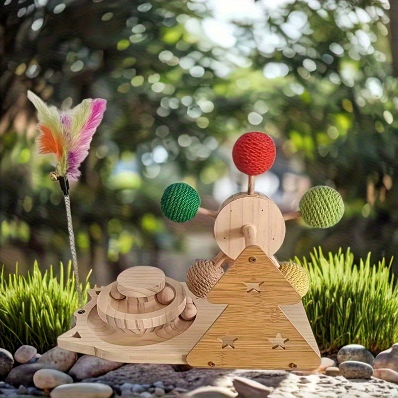 Multifunctional Cat Carousel Puzzle Toy with Sisal Ball and Solid Wood Base