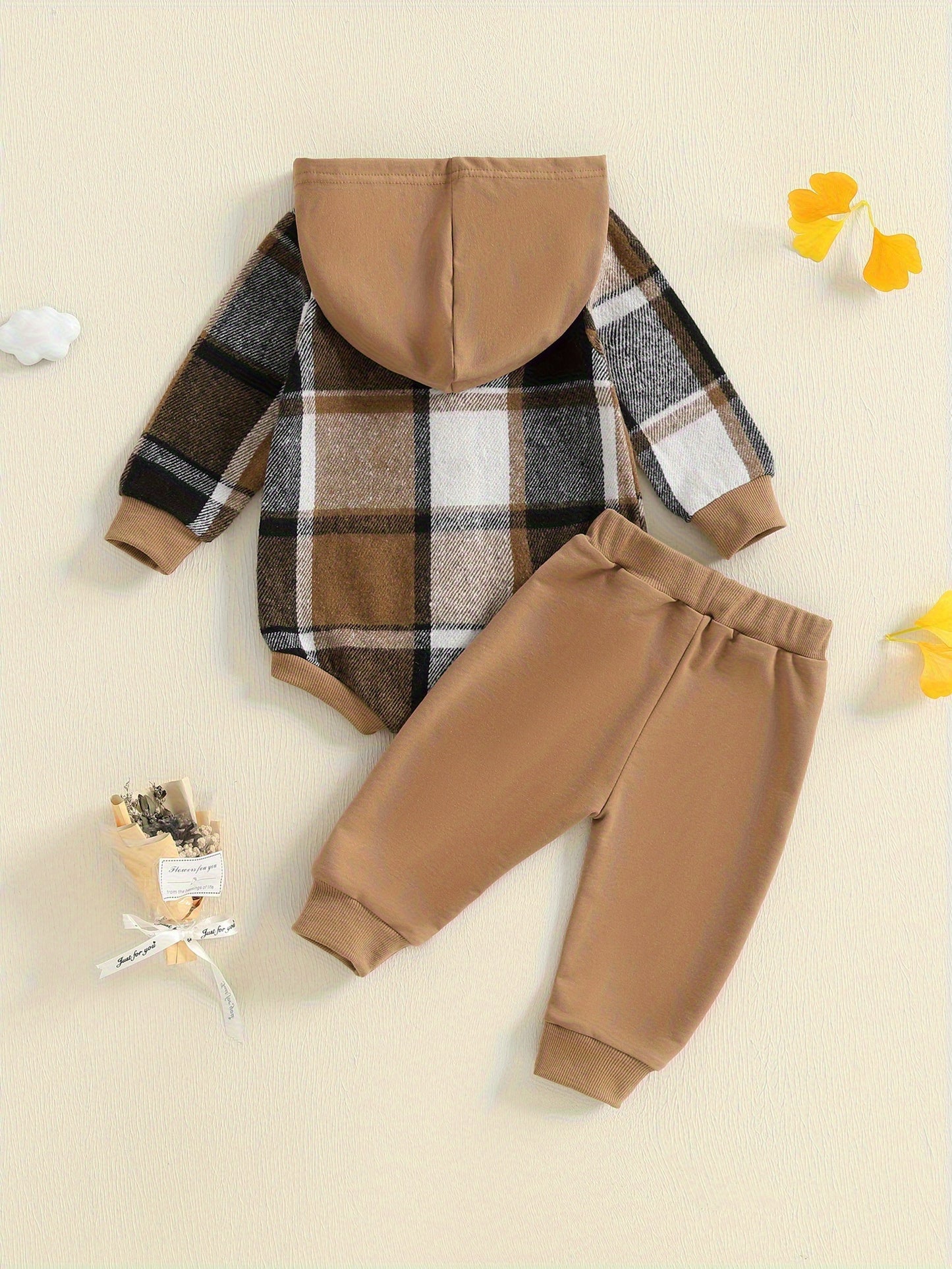 Boy Fall Outfit Two Piece Plaid Long Sleeve Hooded Romper And Elastic Waist Joggers Set For Outdoor Play