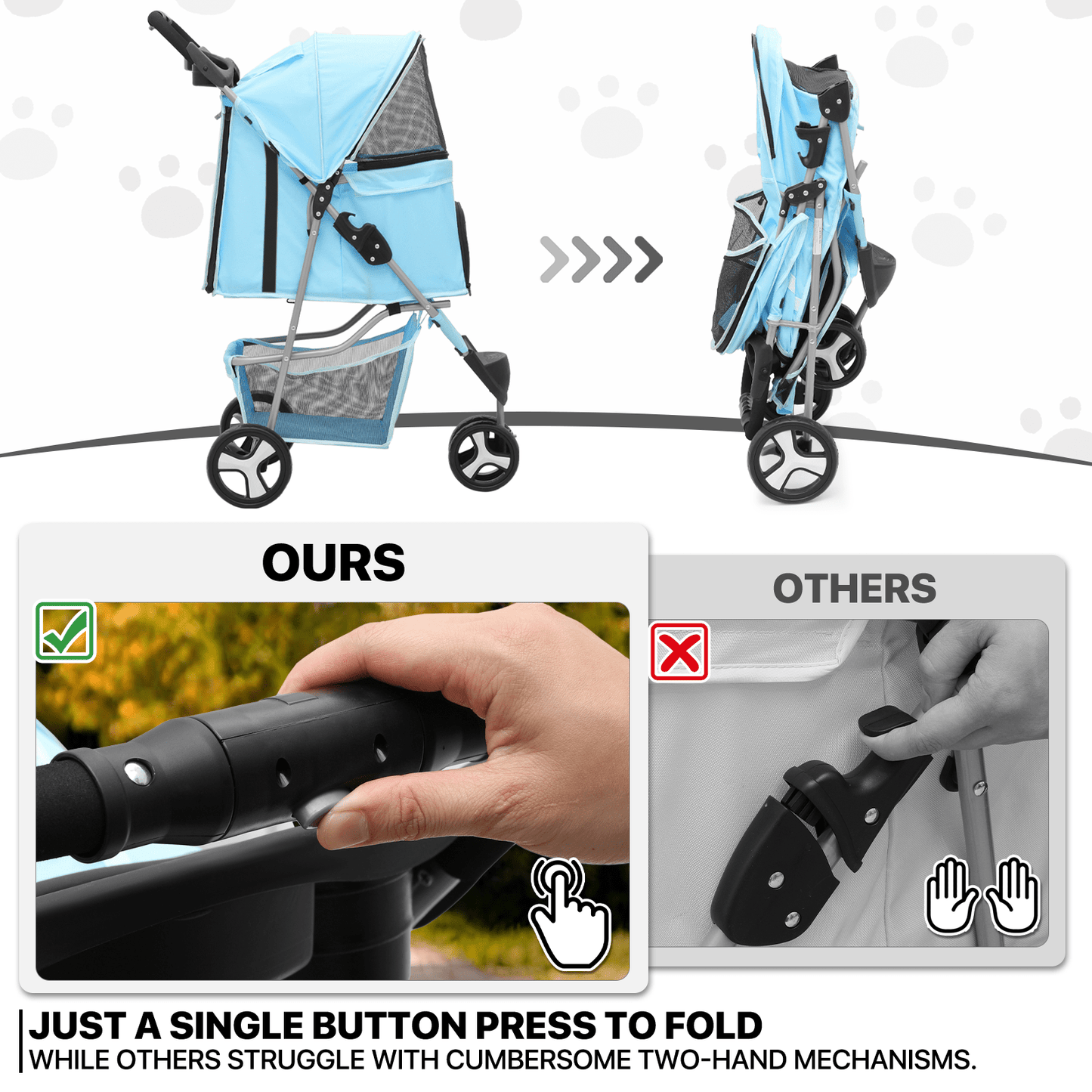 MoNiBloom Foldable Dog Strollers for Small Dogs with Weather Cover, 3 Wheels Pet Strolling Cart for Dogs and Cats with Storage Basket and Cup Holder, Breathable and Visible Mesh for All-Season