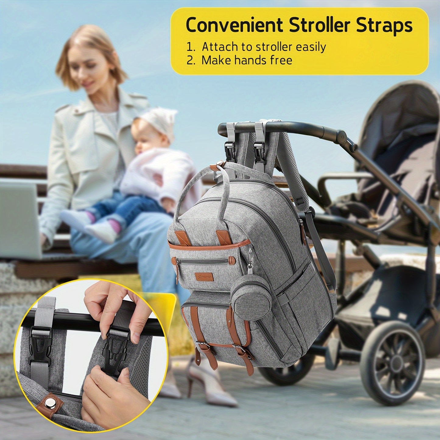 Expandable Diaper Backpack for Moms and Dads with Changing Pad and Stroller Straps Grey