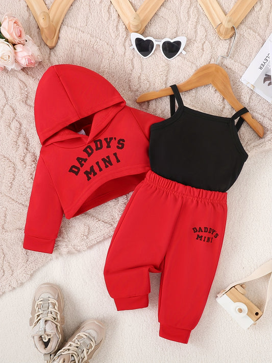3PCS Baby Girl's Daddy's Mini Print Hoodie Cami Top Casual Pants Outdoor Set for Fall Winter
