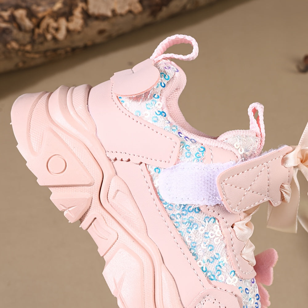 Sparkly Rhinestone Butterfly Bow Girls Sneakers Lightweight Cute Casual Shoes for Play