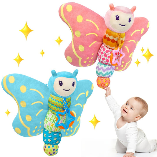 Plush Pink Butterfly Sensory Toy for Babies with Hanging Ring Rattle and Wrinkled Wings