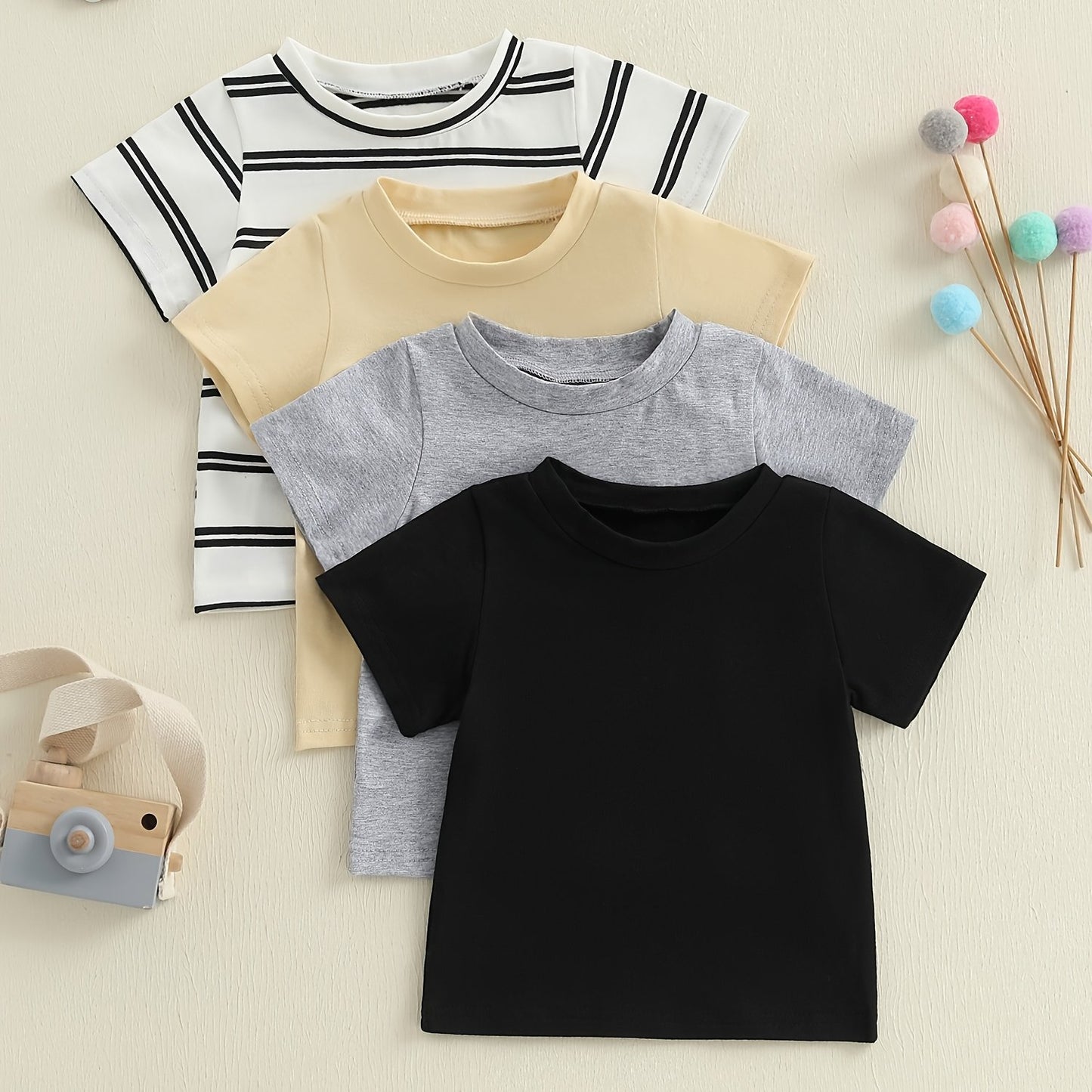 Toddler Baby Summer T-Shirt 4pcs Set Loose Fit Solid/Striped Crew Neck Short Sleeve Tops, Suitable for Outdoor Leisure