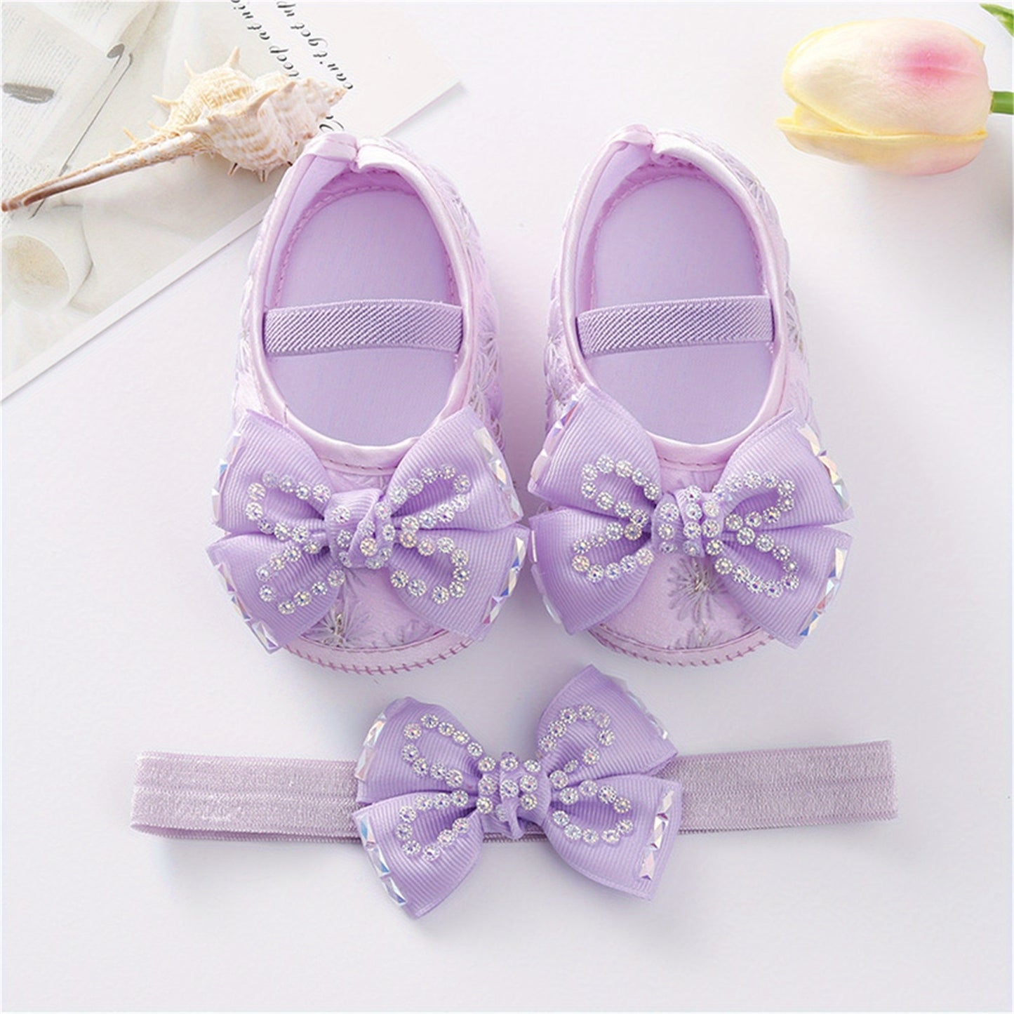 Mary Jane Flats Beaded Bow Princess Shoes Dress Walking Shoes and Headband