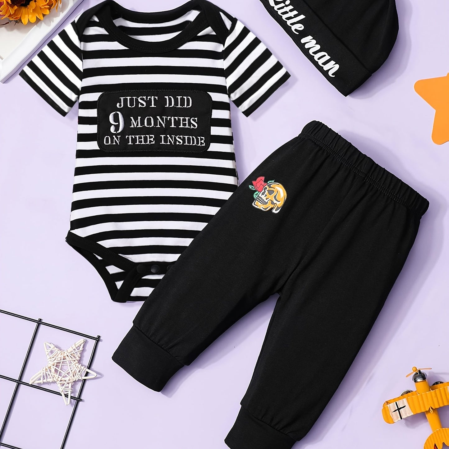 Newborn Baby Boy Tattoo Print Striped Romper Set With Black Pants Three Piece Outfit