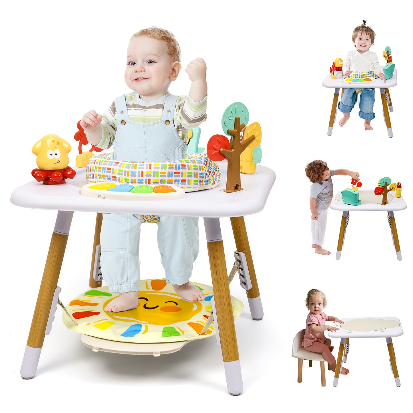 White Baby Activity Center With Five Interactive Toys Adjustable Height Levels Foldable Music Jumper Cushioned Surface