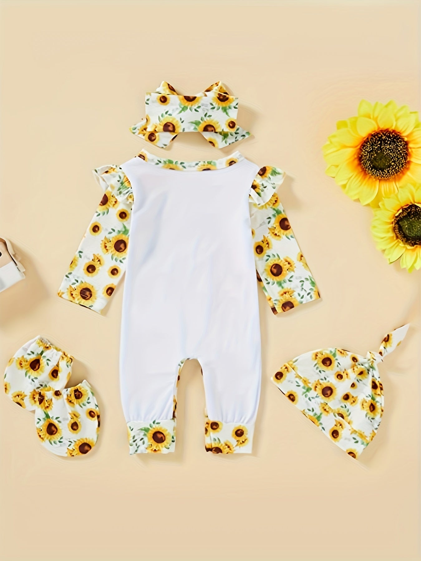 [Floral Baby Romper] Floral Newborn Baby Girl Romper | Infant Letter Print Bodysuit Jumpsuit+Hat+Headband+Gloves Coming Home Clothes Outfits
