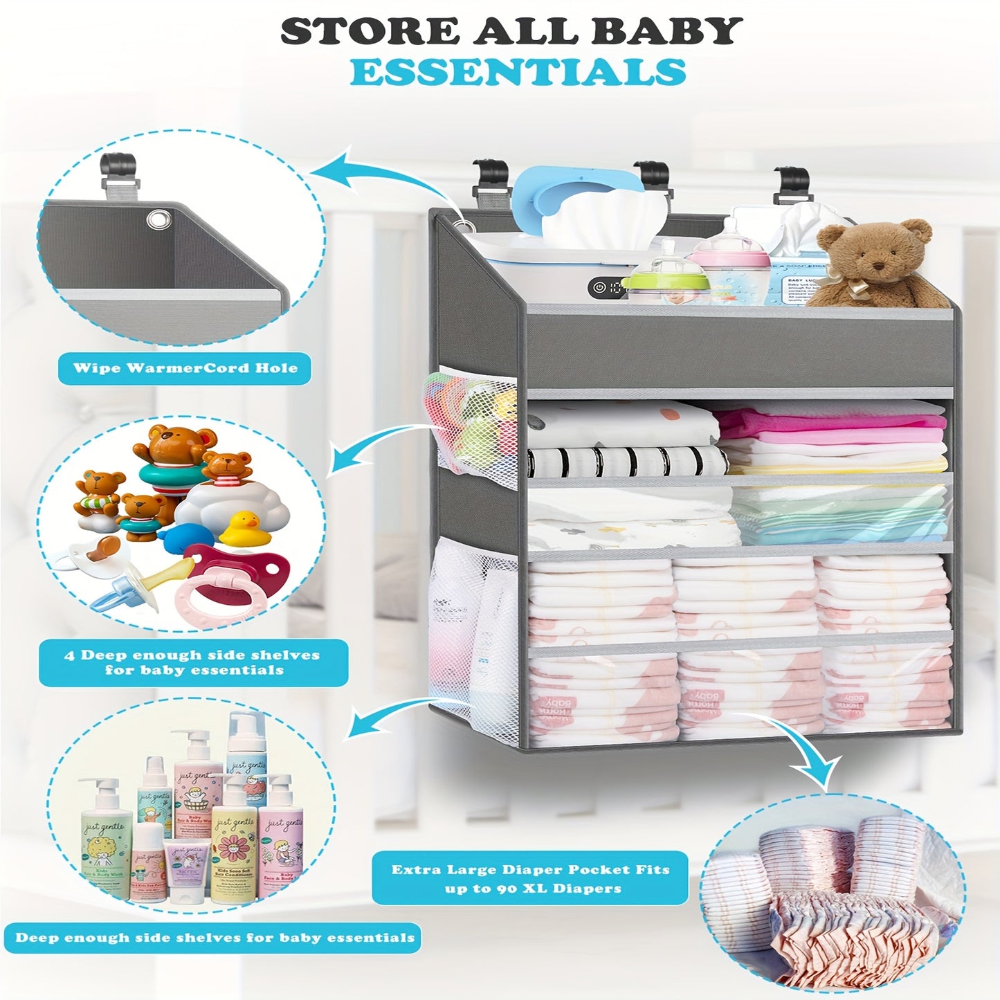 Hanging Diaper Caddy Organizer - Multiple Pockets, Baby Organizer For Nursery Accessories Changing Table Organizer And Diaper Storage - Gray - For New Parents - Suitable for Nursery, Bathroom & Changing Table - Perfect Gift f