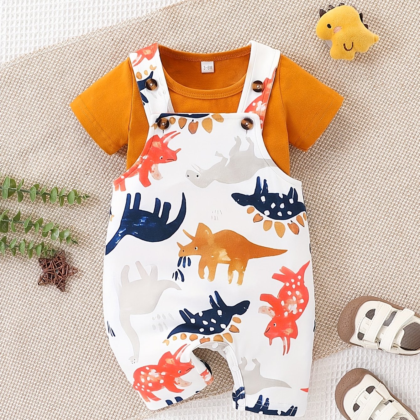 Newborn Baby Boy Clothes Toddler Boys' Short Sleeve T-Shirt+Dinosaur Print Overalls Jumpsuit Short Pants 2pcs Outfits Sets, Perfect for Outdoor