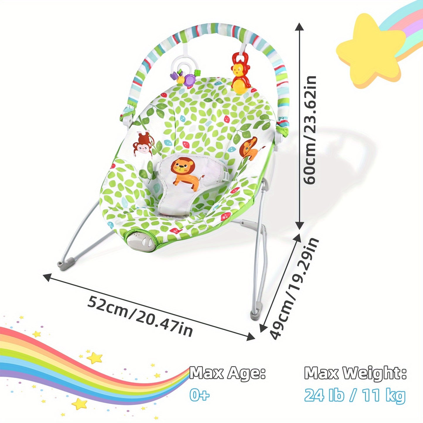 Baby Bouncer Seat with Soothing Vibration Toys & Animal & Geometric Patterns - Adjustable Straps, Breathable Mesh, Portable Design for Indoor/Outdoor Use - Unisex Infant Learning & Development, Indoor Play Seat, Playful Desig