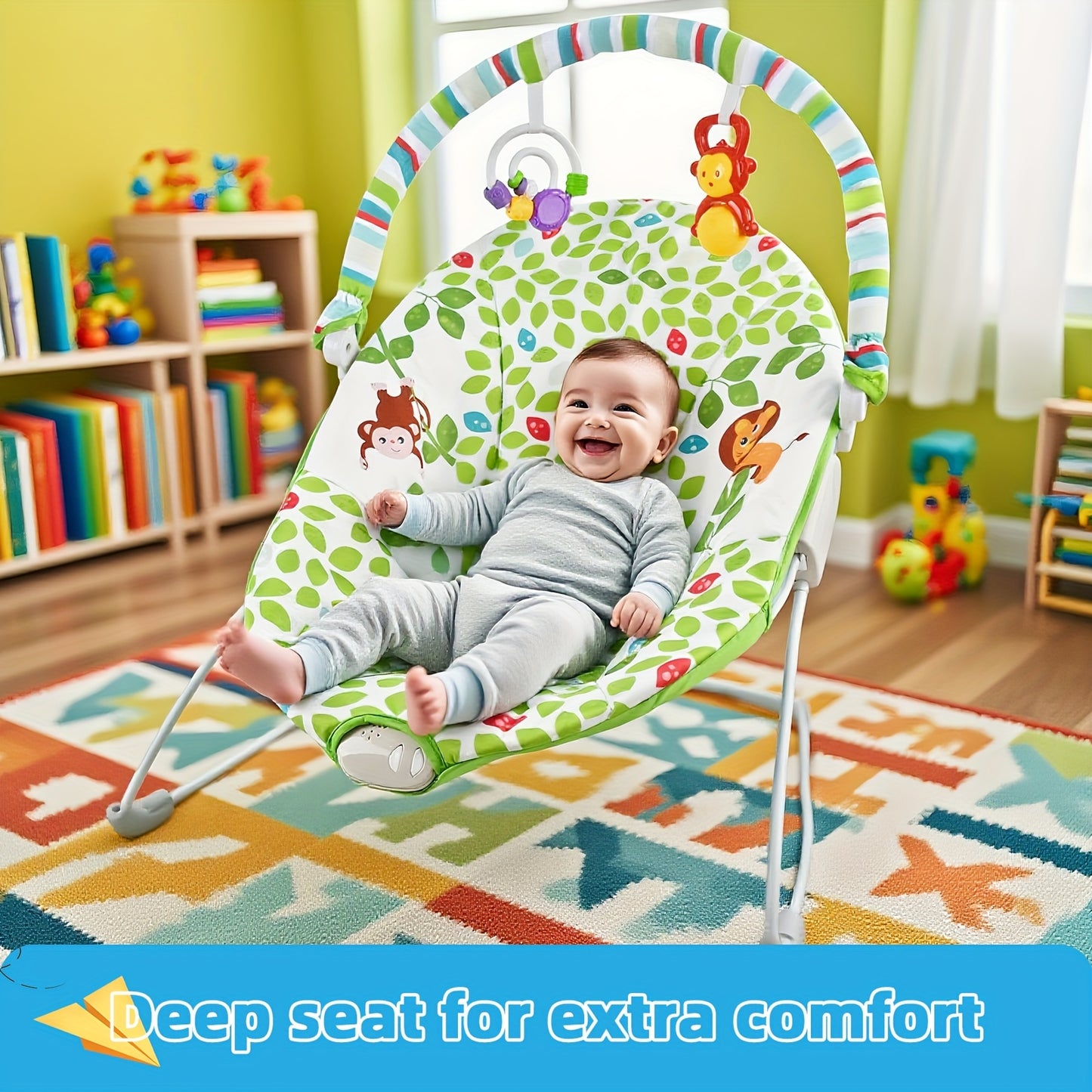 Baby Bouncer Seat with Soothing Vibration Toys & Animal & Geometric Patterns - Adjustable Straps, Breathable Mesh, Portable Design for Indoor/Outdoor Use - Unisex Infant Learning & Development, Indoor Play Seat, Playful Desig