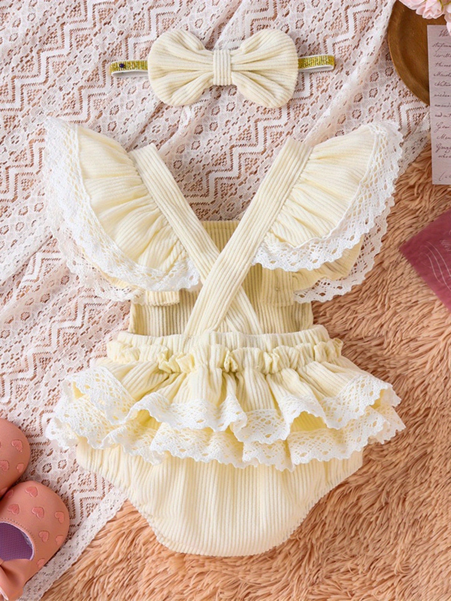 0.0-59.06ft Cute Girl Set, 2pcs Embroidered Elephant Love jumpsuit+Butterfly Bow Hairband Summer Clothing, for Outdoor