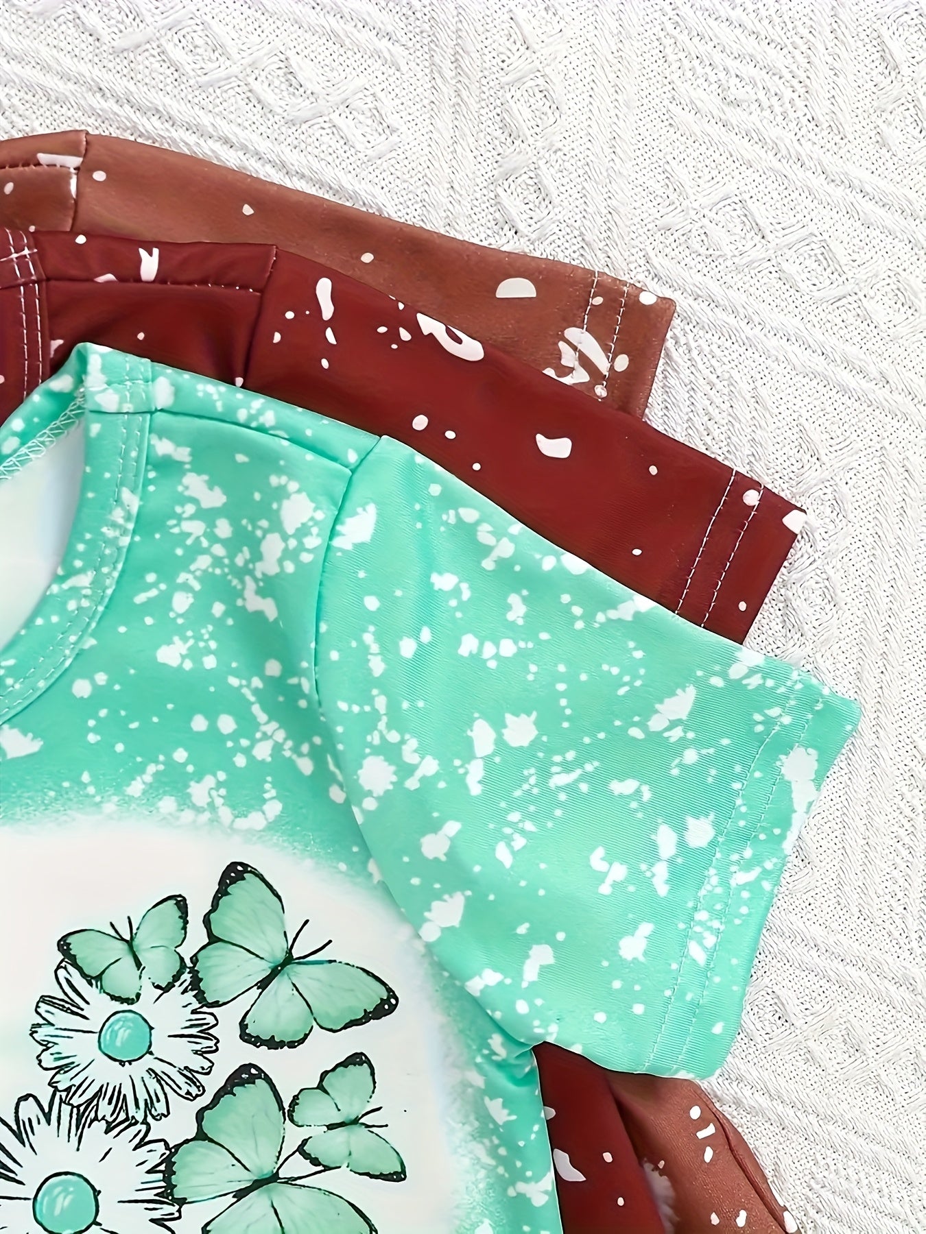 3pcs Set Girls' Long Pants Outfits - Floral Print, Crew Neck Short-Sleeve T-Shirt & Flared Pants, Polyester Knit Fabric with Slight Stretch - Spring/Summer/Fall Casual Wear | Machine Washable | Elegant Ruffle Details