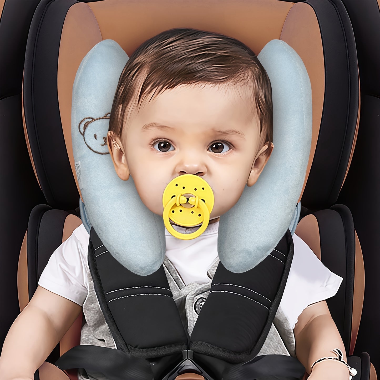 1pc Baby Stroller Safety Pillow with Cute Bear Design - Soft Polyester Material, Multiple Use for Car Seat & Stroller, Supportive Head & Neck Protection, Prevents Wobble, Deformation-Free After Use, Stroller Accessorie