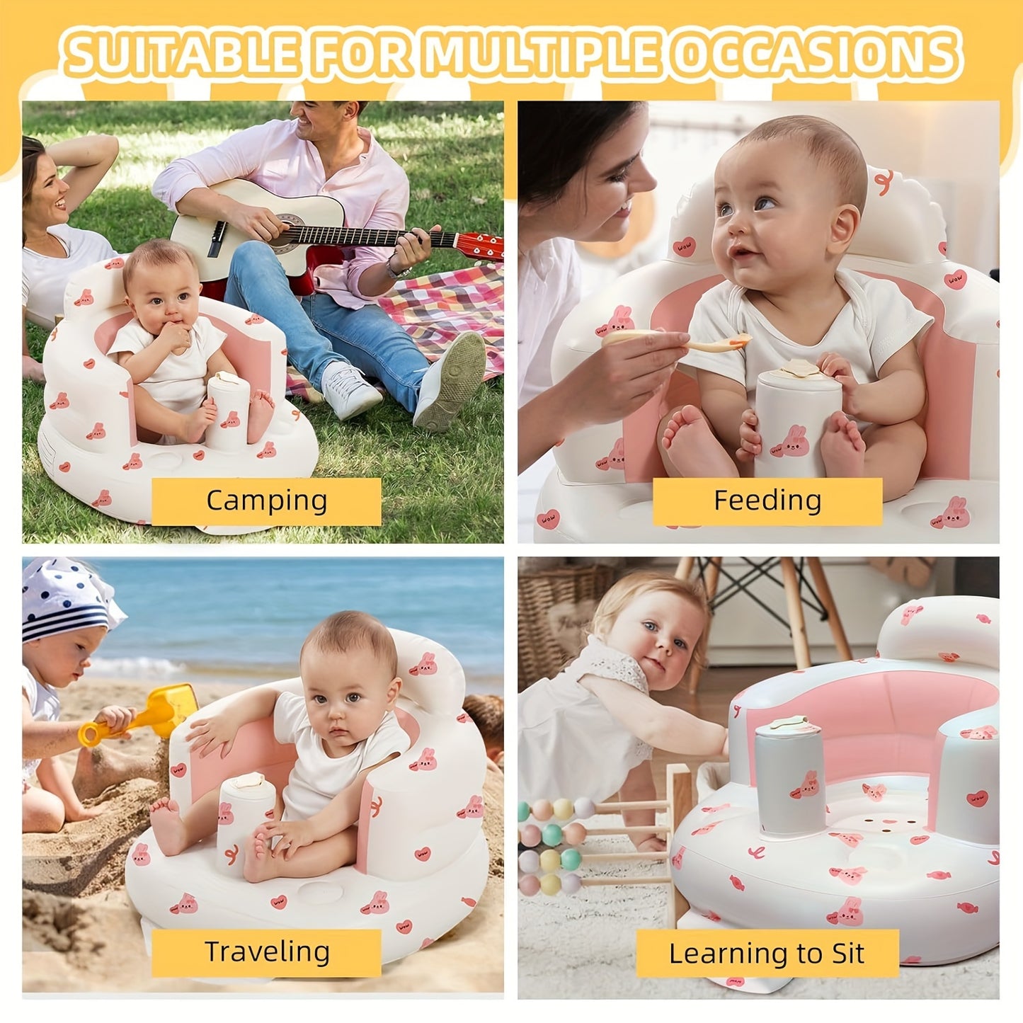 Sungdogin Love Bunny Inflatable Baby Seat for 3-36 Months Portable Travel Friendly Pink