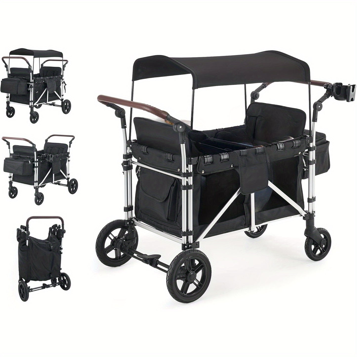 Big Multi-Function Trolley, Wagon Cart Featuring 4 High Seat with 5-Point Harnesses and Adjustable Canopy, Foldable Double Push Bar Wagon Stroller for Outdoor Garden, Stroller, Camping (Black-G)