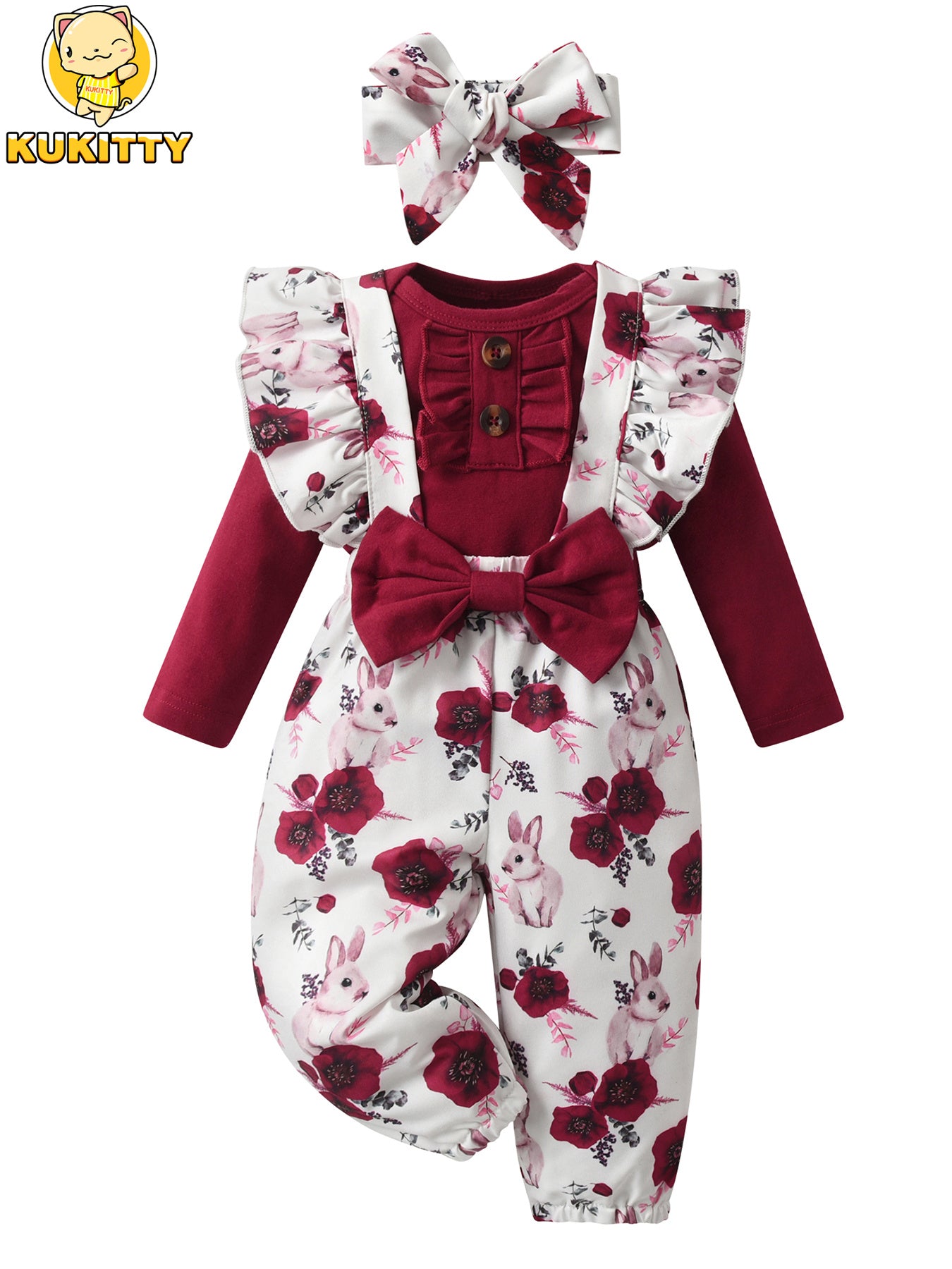 KuKitty Newborn Baby Girl 3 Piece Floral Bow Romper Set With Headband Long Sleeve Outfits